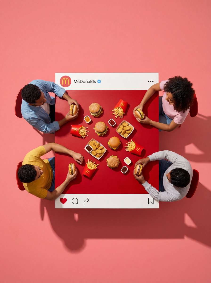Ultra-wide-angle hyper-realistic top-down flat lay photography. A group of 4 real people sitting around a square dining table. The camera is pulled far back, creating significant negative space (empty floor area) around the people and the table, ensuring a clean, minimalist composition. The scene is [VIBE & ATTIRE]: The four people are dressed in [CLOTHING STYLE]. Their interactions are specific: [DESCRIBE ACTION OF EACH PERSON].

The table is a custom physical prop designed like an Instagram post: it has a solid white physical strip ONLY at the top edge and bottom edge (no white borders on left or right).
- The Top White Strip features a painted profile picture with [LOGO DESCRIPTION], username "[USERNAME]" followed by a small blue verified tick icon, and "..." on the right.
- The Bottom White Strip features painted red heart, comment, and share icons on the left, and a "Bookmark" icon on the far right.

The center of the table is painted [EXACT CENTER COLOR & HEX CODE]. The items on the table are [FOOD/OBJECTS DESCRIPTION].
IMPORTANT: ALL food items, drinks, objects, and hands interacting with them are STRICTLY CONFINED WITHIN this central [COLOR] painted area. NOTHING extends onto the white strips or outside the table boundaries. The floor background is a [FLOOR COLOR] to create visual separation. Professional studio lighting with distinct drop shadows. 8k, sharp focus.
