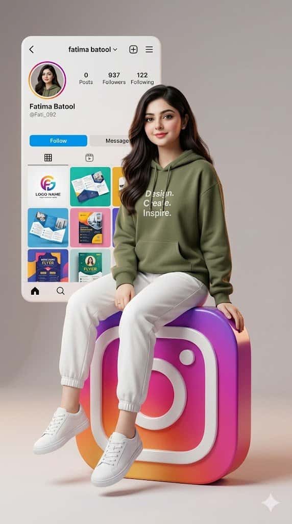 Create a hyper-realistic 3D cinematic portrait in vertical 9:16 ratio using the provided reference photo. The generated person must accurately match the real face, hairstyle, beard, skin tone, and facial features from the reference image.
A confident young Indian graphic designer is sitting in a relaxed and confident pose on a large glossy 3D Instagram logo. The Instagram logo should feature the classic pink–purple–orange gradient, with smooth modern edges and a slightly reflective surface.
He is wearing modern urban streetwear:
Olive green hoodie with the text “Design. Create. Inspire.” printed on the chest
White jogger pants
Stylish clean white sneakers
The clothing should have realistic fabric texture, natural folds, and soft shadows.
Behind him, display a large floating Instagram profile interface card that looks like a real Instagram profile UI.
Profile Details
Name: Fatima Batool
Username: @Fati_092
937 Followers
122 Following
Instagram Profile Elements
The interface should include:
Circular profile picture
Instagram icons and navigation layout
A post grid preview showcasing graphic design related work, such as:
logo design mockups
brochure design layouts
flyer / poster mockups
branding identity designs
social media post designs
The posts should look modern, colorful, and professional, representing a graphic designer’s portfolio.
Background
The background should be clean and minimal studio environment with soft gradient tones, subtle shadows, and a premium social media branding aesthetic.
Lighting & Style
Cinematic studio lighting
Soft rim lighting around the subject
Depth of field for realism
Ultra-detailed photorealistic textures
3D render blended with real photo realism
Quality
Ultra high resolution 8K, sharp focus, premium social media cover image style.
Parameters:
--ar 9:16 --ultra realistic --8k --cinematic lighting --photorealistic --depth of field