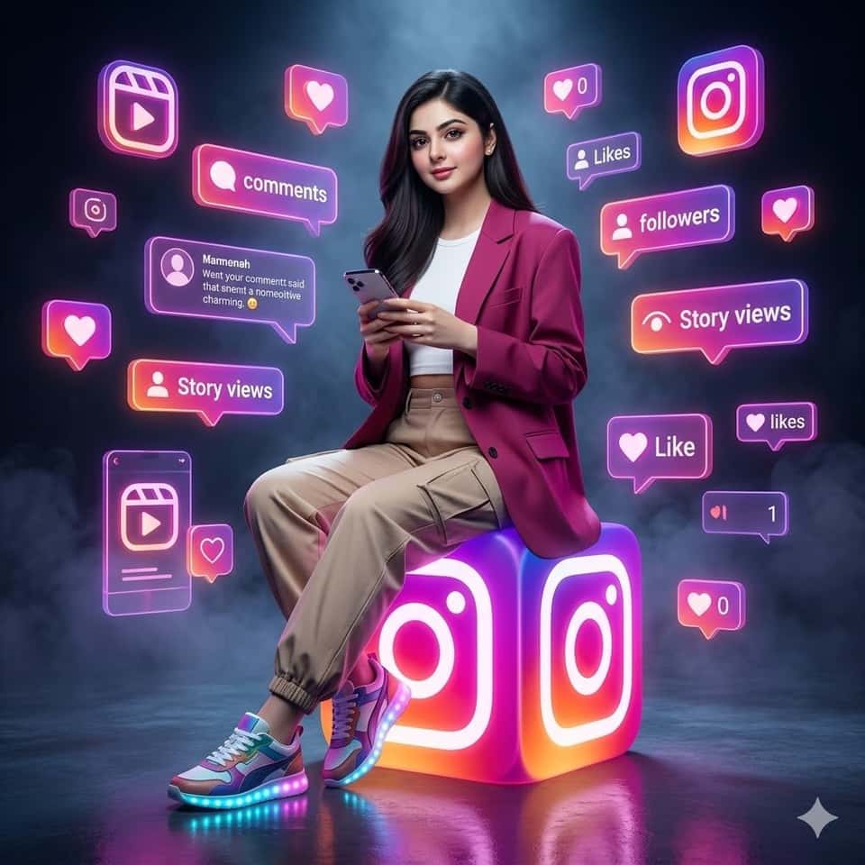 A hyper-realistic cinematic portrait of a fashionable young woman sitting confidently on top of a giant glowing Instagram logo cube in a futuristic neon pink-purple social media world. She has long silky hair, glossy makeup, and a luxury influencer aesthetic. She is wearing a stylish oversized blazer over a white crop top, high-waisted cargo pants, and trendy sneakers with glowing soles. She is holding a smartphone while posing naturally for the camera. Floating around her are holographic Instagram likes, reels icons, heart reactions, comments, followers notifications, story views, and social media UI panels glowing in pink, purple, and orange neon light. Dark moody studio background with cinematic fog, glossy reflective floor, volumetric lighting, ultra detailed, luxury fashion photography style, cyber futuristic vibe, 8k.