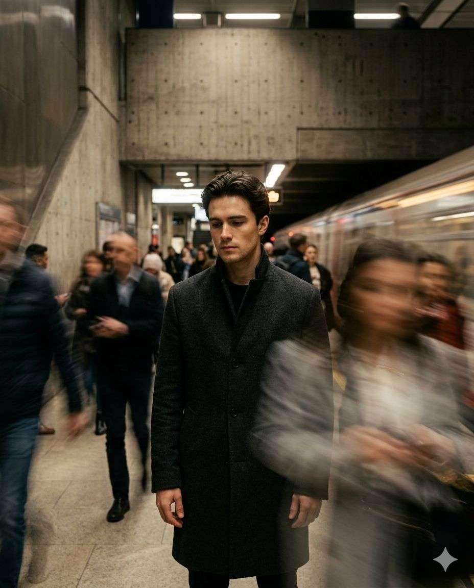 Introspective portrait of a person attached in the uploaded reference image ( Keep the face of the person 100% accurate from the reference image ) on a crowded station, her form sharp while commuters are rendered as semi-transparent, long-exposure light trails that overlap her silhouette. Raw architectural concrete with subtle porous texture, honed limestone flooring with low reflectivity, low ambient moisture giving a soft halation. Centered 85mm, meditative compositional tension. Strong directional tungsten key from a 45-degree angle, Rembrandt highlight on the cheek ARRI ALEXA 35. Film-emulation grade, amber-shifted shadows, creamy highlights. Brushed cashmere with fine fiber texture and soft diffused surface. Aspect ratio 4:5