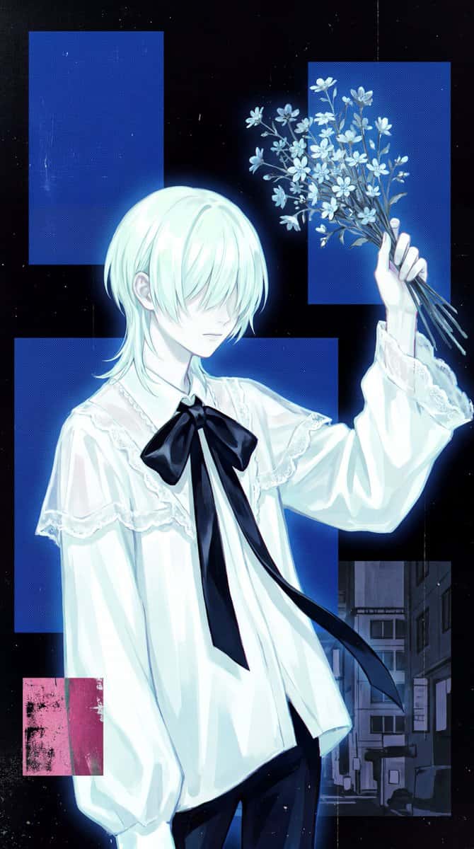{
  "style": "Japanese contemporary digital illustration with analog print degradation; semi-realistic anime aesthetic with painterly brushwork; mixed-media collage sensibility blending digital linework with scanned physical texture overlays; reminiscent of doujinshi cover art with fine art printing artifacts; flat graphic design elements (geometric color blocks) layered over rendered figure illustration",
  "composition": "Vertical portrait orientation (approximately 3:4 ratio); figure centered-left with slight rightward lean; subject occupies roughly 40% of frame width, positioned from lower-center to upper-center; head tilted slightly downward and to the left with face completely obscured by forward-falling pale hair; bouquet of wildflowers held at chest height with left arm extended upward, fingers spread delicately; large geometric blue rectangles frame upper-left, upper-right, and center-left creating a fragmented window/frame motif; small pink-magenta distressed rectangle in lower-left corner; darker architectural background visible in lower-right quadrant; negative black space fills gaps between blue geometric blocks",
  "subject": "Single androgynous anime-style figure; pale near-white luminous skin with subtle cool lavender undertone; shoulder-length straight pale platinum/mint-white hair falling forward completely hiding the face — hair has soft slight texture and gentle strand separation; wearing a loose oversized white blouse/dress with sheer lacy trim at hem and waist; prominent large black satin ribbon bow tied at collar/neckline with long trailing tails hanging down torso; left hand and arm extended holding wildflower stems, fingers elongated and gracefully positioned; proportions are slightly stylized — long elegant neck, delicate limbs; no facial features visible at any point",
  "background": "Layered composite background; dominant large flat cobalt/royal blue rectangles positioned as: large block upper-left quadrant, large block upper-right quadrant, vertical-ish rectangle center-left overlapping figure; black void fills the spaces between rectangles; lower-right area shows a darker muted photographic or painted urban/interior environment (windows, architectural elements, possible vending machine silhouette) rendered in deep navy-grey tones; lower-left contains small distressed pink-magenta rectangle with heavy grain and scan damage; overall background has heavy print grain, scan line artifacts, and slight color registration misalignment",
  "lighting": "Ethereal front-ambient glow emanating from the figure itself; figure appears self-luminous — stark white illumination concentrated on blouse and skin creating near-overexposed highlights; no defined directional light source; blue background blocks have flat even coloration with subtle texture variation and aging marks; overall scene has low ambient darkness contrasted against the glowing central figure; rim lighting effect absent; shadow under chin and along figure edges is soft and diffuse; the bouquet flowers catch cool blue ambient light matching background hue",
  "color_palette": "Primary: cobalt/royal blue (#3A5FCD range) for geometric blocks; Secondary: near-white with pale mint/platinum tint for figure skin and hair (#E8EEF0 range); Accent: deep black for ribbon, void spaces, and background gaps; Accent 2: distressed magenta-pink (#E8507A range) for lower-left rectangle element; Supporting: deep navy-grey (#1A1F2E) for background architectural elements; Wildflowers: desaturated cool blue-white matching background blue family; overall palette is intentionally cold, limited, and low-saturation with the blue and white dominating; slight color bleed and misregistration between layers",
  "textures": "Heavy uniform film grain across entire image simulating high-ISO analog photography or scanned print; visible halftone/risograph-style texture on blue blocks with subtle dot matrix pattern; scan damage marks — small scratches, dust particles, and vertical line artifacts on blue areas; the pink rectangle shows extreme surface degradation with heavy noise and print damage; paper texture substrate visible underneath digital elements; figure skin shows slight painterly brushstroke texture under the glow; blouse fabric has subtle weave texture with lace detail at edges; slight chromatic aberration (color channel separation) particularly at edges of blue rectangles; compression artifact blocking visible in shadow areas",
  "effects": "Geometric color block overlay collage effect — flat colored rectangles layered over figure with hard edges; figure partially obscured behind/in-front-of blue rectangles creating depth ambiguity; overall image processed with analog print simulation filter; subtle vignetting at image corners; slight overall desaturation pushing image toward limited palette; possible screen-print or risograph emulation on blue blocks; distressed texture overlays on geometric elements; mild glow/bloom effect around figure edges where white meets dark background; no motion blur; no heavy glitch displacement — artifacts are print-based rather than digital-glitch based; the pink rectangle appears as a deliberate collage element with maximum distress",
  "mood": "Melancholic, introspective, and quietly dissociative; liminal and suspended — a moment of stillness caught between spaces; the hidden face creates anonymity and universalized loneliness; the flowers suggest tenderness and transience (memento mori undertones); cold blue palette reinforces emotional distance and isolation; the collage geometry suggests fragmented perception or memory; overall atmosphere is haunting but gentle — not violent, rather sorrowful and dreamlike; reminiscent of quiet urban solitude, late-night introspection, and bittersweet nostalgia"
}