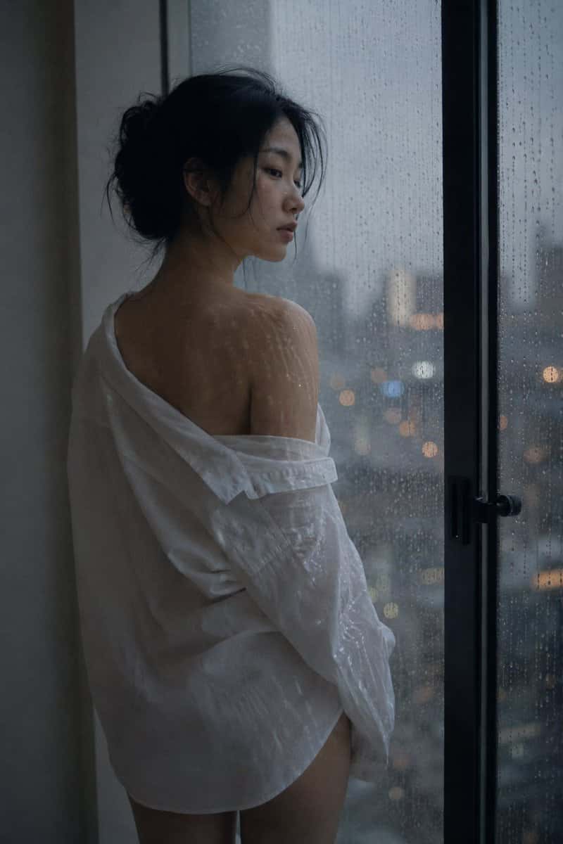 A medium portrait captured with a 50mm lens at f/2.0. The subject is a young East Asian woman, early 20s, with soft rounded facial features — high cheekbones, almond-shaped dark eyes, natural thin brows, and slight visible pores on the nose bridge. Her lips carry only a faint nude gloss, skin has a natural dewy texture with no digital smoothing applied. She wears an oversized white cotton button-down shirt that has slipped slightly off her left shoulder, hem at mid-thigh — the fabric draping with natural relaxed weight, not styled. She is positioned slightly left of center in a three-quarter body frame, arms raised loosely gathering loose black hair, head tilted softly to the right. The primary light source is cool diffused morning light entering through a Japanese shoji paper screen window directly to her left — blue-white color temperature approximately 5000K, no directional cast shadows, soft even wrap-around fill across her entire figure. The room behind her is a minimal Japanese interior: bare light oak wood floor, plain white walls with no decoration or furniture visible. Photographic texture and quality: subtle ISO 400 film grain visible in darker fabric folds and shadow areas, faint halation bloom in brightest window-side highlights, Kodak Ultramax 400 color profile — cool teal cast in shadows, desaturated neutral midtones, barely overexposed specular highlights. Avoid: AI-smoothed plastic skin, geometrically perfect hair placement, oversaturated colors, studio glamour lighting.