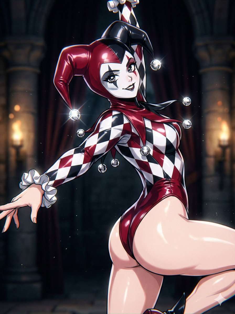 Gemini Nano Banana Pro Prompt: 

TYPE:
[Flash-Lit Close-up / Jester-Girl Performance Editorial Anime — lowkey sensual]
FORMAT:
[3:4 (vertical portrait), Single Image Only]
IDENTITY LOCK:
[Same series character design language: 90s shōjo anime proportions and art style, clean linework, consistent face style. Character: Jester performer, two-toned harlequin makeup, stylized soft-belled hood. Adult, hourglass-voluptuous silhouette (curved waist-to-hip silhouette, powerful thighs, soft fullness balanced by muscle). No real-person likeness.]
CAMERA:
[35mm equivalent, close distance, tight crop; subject fills 75–85% of frame; subtle wide-angle edge distortion that accentuates curves; shallow depth of field; frozen motion at peak dance moment; no overlays.]
LIGHTING:
[Harsh direct on-camera flash; crisp hard shadow carving contours against stone; specular blowouts on chrome bells and marble floor; background falls into deep gloom; torch sconces rendered only as warm, blurred bokeh circles.]
MATERIAL STACK:
Base: [High-cut glossy harlequin-pattern technical performance fabric hugging curves; polished chrome jester bells; black-and-white checkered marble floor; heavy velvet curtains in background]
Coating: [High-spec clearcoat sheen on costume seams + chrome; thin condensation sheen on skin-safe fabric surfaces]
Wear: [Micro-scratches on chrome bells; scuff marks on marble; gentle fabric stretch lines at hips/waist; worn texture on ancient stone pillars]
Contamination: [Fine dust motes floating in stagnant castle air catching flash; faint sensor grain; subtle atmospheric haze]
SCALE ANCHORS:
[Jester bells clearly visible; costume stitching detail; blurred throne elements or stone arches as bokeh; shallow DOF falloff behind subject]
MICROFLAWS:
[Flash bloom halos on highlights; slight chromatic aberration on brightest edges; tiny compression grain; clean but tactile]
NOVELTY:
[Anachronistic contrast: High-gloss anime aesthetics vs. ancient medieval court texture; voyeuristic editorial energy (no UI/text); suggestive tension through pose and lighting]
ACTION:
[Peak acrobatic dance movement, physically plausible; dramatic arched torso, fluid limb extension, playful yet confident gaze; motion frozen by flash against the heavy stone backdrop]