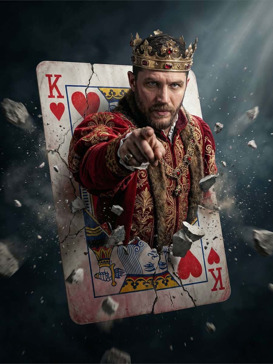 "A dramatic cinematic composition of a King of Hearts playing card emerging into reality. The card is slightly tilted in a dark, moody environment with soft spotlight lighting. The surface of the card is cracked and breaking apart, with debris and stone fragments flying outward in slow motion. From inside the shattered card, a realistic royal king steps forward — a middle-aged man with a strong, intense expression, short beard, and piercing eyes. He wears an ornate golden crown with red gemstones and a richly embroidered red royal coat with intricate gold patterns and fur details. The king is reaching forward and pointing directly at the viewer, creating a powerful, immersive 3D effect. His body is partially emerging out of the card, blending fantasy and realism. The card features classic King of Hearts symbols in red, with a textured, slightly worn surface. The background is dark, minimal, and cinematic with subtle smoke and light rays enhancing depth. Ultra-detailed textures, hyper-realistic lighting, depth of field, motion particles, sharp focus on the king, dramatic shadows, high contrast, 8K resolution, photorealistic, cinematic poster style."