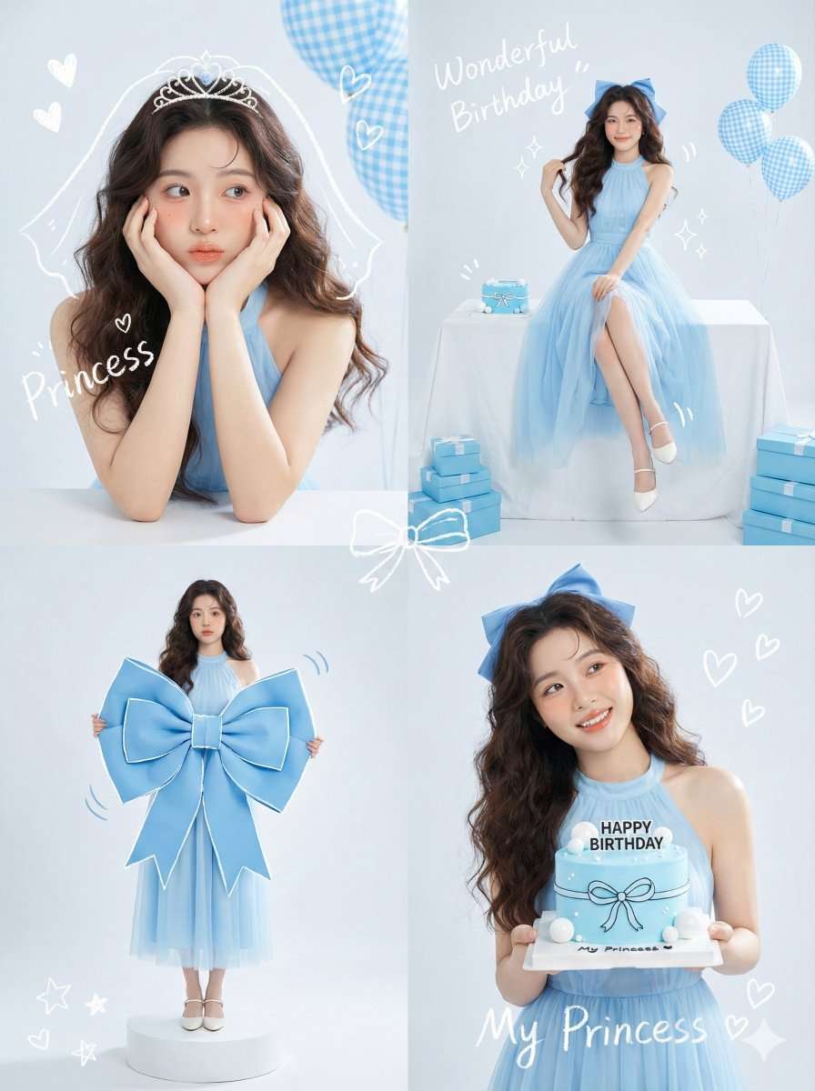 "Korean Idol Studio Portrait style, soft high-key lighting, pastel blue color palette, mixed media with white hand-drawn doodle overlays."
    },
    "subject_details": {
      "demographics": "Young Asian woman, 18 years old, fresh and elegant visual.",
      "styling": {
        "hair": "Long, dark brown, voluminous loose waves. Styled half-up or with a large blue ribbon accessory.",
        "outfit": "Elegant baby blue sleeveless halter-neck dress with a flowing chiffon or tulle skirt.",
        "makeup": "Fresh dewy skin, peach/pink blush, glossy lips, defined eyelashes (Idol makeup style)."
      }
    },
    "panel_breakdown": {
      "top_left_panel": {
        "framing": "Close-up Portrait.",
        "pose": "Leaning elbows on a white surface, face resting in palms ('flower pose'), squishing cheeks slightly. Looking off-camera with a cute, dreamy expression.",
        "doodles": "White scribble of a veil/tiara on head, text 'Princess', floating hearts.",
        "props": "Blue gingham patterned balloons in background."
      },
      "top_right_panel": {
        "framing": "Full Body / Wide Shot.",
        "pose": "Sitting elegantly sideways on a table covered in a white cloth. One hand touching the ribbon in hair, legs crossed at ankles. Looking at camera.",
        "props": "Small blue cake on table, blue gift boxes stacked on floor, blue gingham balloons.",
        "doodles": "Text 'Wonderful Birthday' and sparkle drawings."
      },
      "bottom_left_panel": {
        "framing": "Full Body standing.",
        "pose": "Standing straight, holding a massive, oversized blue bow prop (fashion editorial style) against her chest.",
        "doodles": "White outlines tracing the bow to emphasize the shape, motion lines.",
        "props": "Standing on a small white circular pedestal."
      },
      "bottom_right_panel": {
        "framing": "Waist-up Shot.",
        "pose": "Holding a minimalist blue birthday cake with both hands at chest level. Head tilted, looking away to the side with a bright smile.",
        "cake_details": "Blue icing, white ball decorations, text 'HAPPY BIRTHDAY' in black.",
        "doodles": "White ribbon drawn on the cake, heart shapes, text 'My Princess '."
      }
    },
    "camera_technical_values": {
      "lens": "85mm (Portrait telephoto for flattering facial features).",
      "aperture": "f/2.8 to f/4.0 (Soft background blur).",
      "shutter_speed": "1/200s.",
      "iso": "ISO 100.",
      "lighting_setup": "High-Key Studio Lighting. Bright, soft, shadowless 'beauty' light. White seamless background.",
      "tone": "Cool pastel blue tones, bright and airy."
    },
    "post_processing": {
      "overlays": "Handwritten white crayon/chalk text reading 'Wonderful Birthday', 'Princess My'. Cute doodle illustrations of stars, hearts, and ribbons."
    }