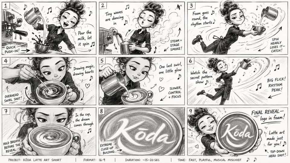 Create a storyboard for a creative and artistic video about making latte art. The uploaded character should also appear in the storyboard. Use a basic sketch style. The overall tone should feel like fast slapstick mischief with instant hooks while still remaining artistic. The latte design should become the logo from the second image and be revealed at the very end. The character should also sing a musical song while making the latte art.
Pour the milk, let it spin
Tiny waves are dancing in
Foam goes round, the rhythm starts
Drawing magic, drawing hearts
One last swirl, one little glow
Watch the secret pattern show
In the cup, the dream comes through
Latte art made just for you!
