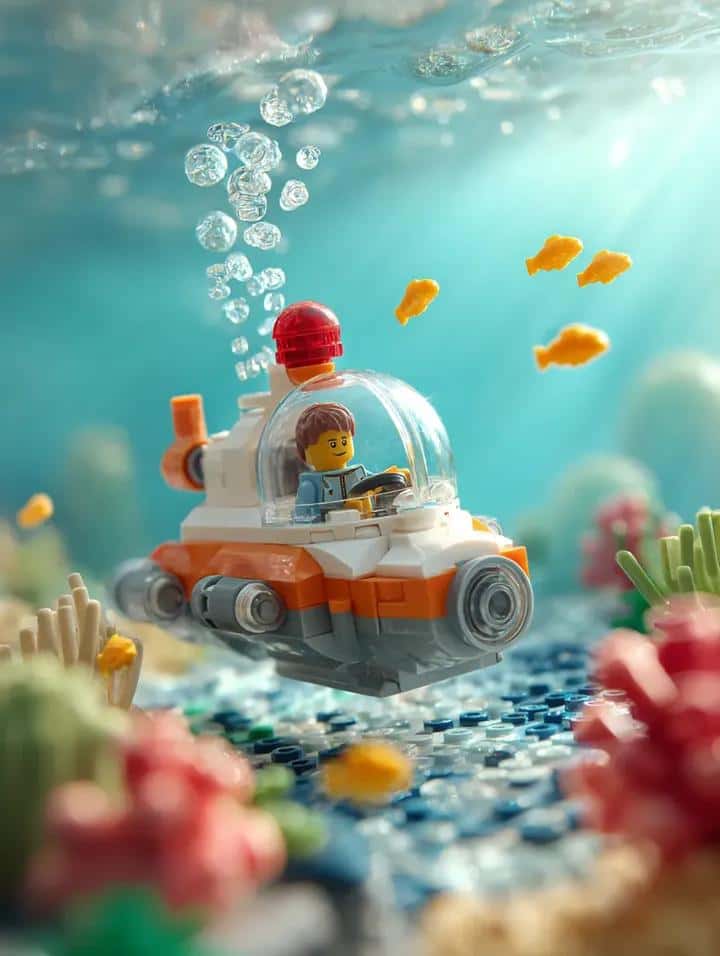 Surrounding the submarine are multiple small bright yellow LEGO fish swimming at different depths, with several air bubbles rising upward in sharp detail. The seabed is made of LEGO bricks, including textured sand, blue tiles, and colorful coral elements in red, green, and yellow. The water is clear turquoise with soft light rays filtering from above, creating realistic underwater caustics and reflections. Shallow depth of field (f/1.8), strong bokeh background, 50mm lens, ultra-realistic lighting, vibrant colors, high detail, professional macro photography style.