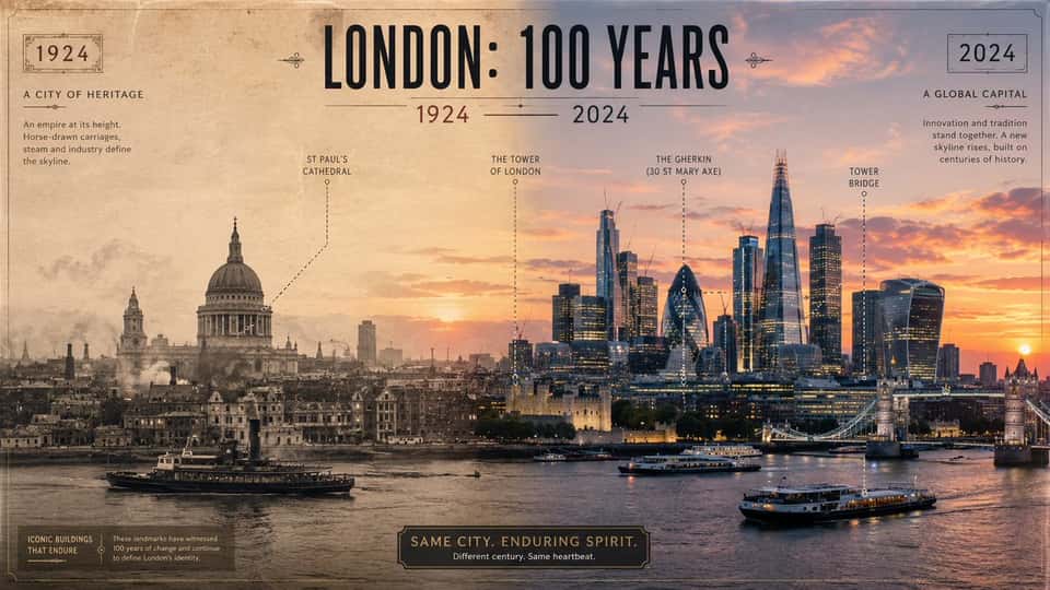 16:9, do this for London-> class Temporal_City_Comparison:     def __init__(self, city="[$CITY]"):         self.year_past = 1924         self.year_present = 2024         self. style = "Split screen blend, vintage postcard filter on left, photorealistic 4K on right."      def generate_skylines(self):         # AI AUTO-INFERENCE: Fetch historical landmarks vs modern skyscrapers         past_view = fetch_historical_skyline(city, year=self.year_past)         present_view = fetch_modern_skyline(city, year=self.year_present)         return f"Left side: {past_view}. Right side: {present_view}."      def blend_transition(self):         effect = "A central fading gradient line merging the two eras seamlessly."         sun_position = "Sunset position consistent across both images."         return [effect, sun_position]      def render_ui_layer(self):         title = f"{city.upper()}: 100 YEARS"         annotations = "Dotted lines pointing to buildings that have survived the century."         return [title, annotations]  render_infographic(Temporal_City_Comparison())
