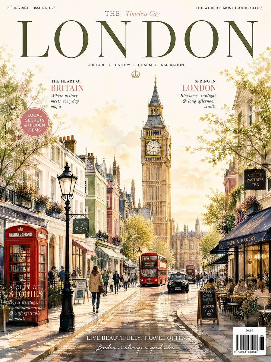 A stunning vintage luxury travel magazine cover titled “LONDON – The Timeless City”, designed in an elegant watercolor and ink illustration style. The scene captures a charming London street during a warm spring afternoon, bathed in soft golden sunlight. At the center of the composition rises the iconic Big Ben (Elizabeth Tower) and the Houses of Parliament, glowing with warm golden tones against a creamy pastel sky filled with delicate watercolor clouds. The foreground features a picturesque cobblestone street lined with colorful historic Georgian and Victorian townhouses, boutique bookstores, cozy cafés, bakeries, flower shops, and elegant outdoor dining terraces. Fresh spring blossoms frame both sides of the image, with flowering trees arching gently into the scene. Classic black Victorian street lamps, vibrant flower boxes, and hanging baskets add charm and detail. Authentic London elements include bright red double-decker buses traveling down the street, a traditional red telephone booth, and a classic black London taxi. Pedestrians stroll leisurely along the sidewalks, creating a lively yet sophisticated atmosphere. Reflections shimmer on slightly wet pavement, enhancing the cinematic mood. The artwork combines detailed architectural illustration with soft watercolor washes, delicate ink linework, subtle paper texture, and a refined editorial aesthetic. Colors are warm and inviting: cream, ivory, soft gold, blush pink, sage green, muted terracotta, and pastel blue. The overall mood is romantic, timeless, elegant, nostalgic, and aspirational. Magazine cover design, luxury editorial layout, large elegant serif typography, high-end travel publication aesthetic, premium print quality, ultra-detailed, highly polished composition, perfect balance of architecture and lifestyle, Pinterest-worthy, Instagram-worthy, stop-scrolling visual impact, masterpiece illustration, 8k resolution, vertical composition, realistic watercolor textures, sophisticated European charm.