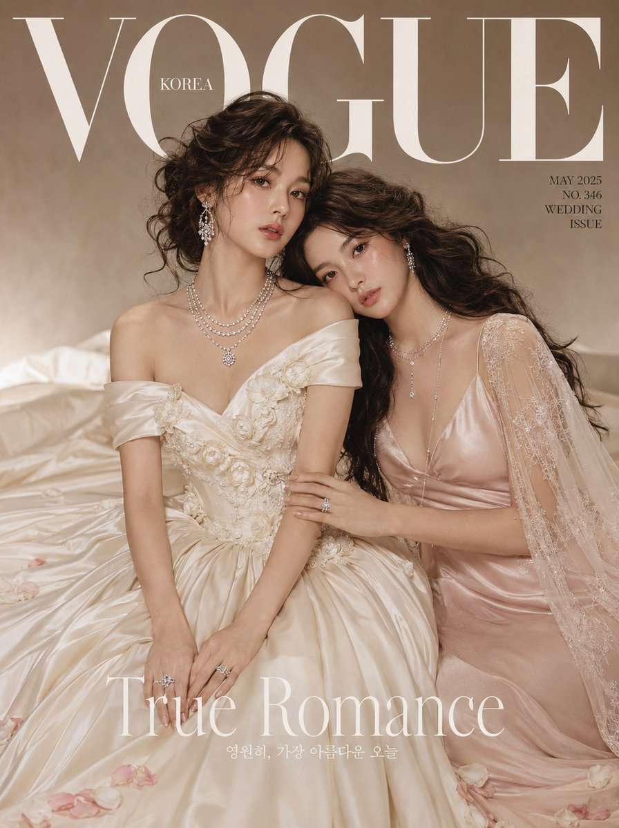 Ultra-realistic luxury magazine cover featuring two elegant Korean women in complementary bridal couture editorial looks. Woman 1: a dramatic off-shoulder ivory duchess satin ball gown with cathedral train and 3D floral appliqué at the bodice. Woman 2: a sleek bias-cut blush silk slip dress with spaghetti straps and a delicate lace overlay cape. Both have long voluminous soft dark waves — one pinned into a romantic side-swept updo, one loose. Luminous porcelain skin, soft rosy dewy makeup, petal-pink glossy lips, feathery lashes. Layered diamond and pearl jewelry on both — chandelier earrings, layered necklaces, ring stacks. Posed intimately — one woman's head resting gently on the other's shoulder, both gazing softly into camera. Background: seamless warm champagne studio with soft diffused bridal lighting and rose petal scatter on floor. "VOGUE" classic serif masthead. 85mm lens, ultra-detailed satin and lace, 8K photorealistic romantic. Negative: harsh light, cartoon, blurry, distorted anatomy, watermark. 1744x2336