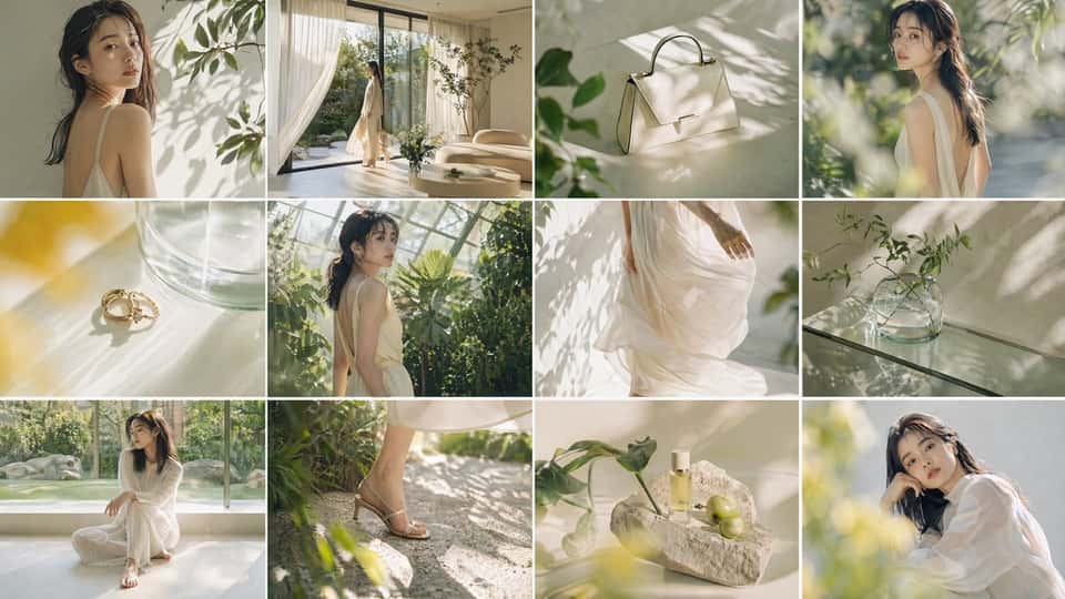 A 12-frame collage styled like a high-end luxury fashion Spring/Summer teaser campaign. Each frame is minimal, refined, and filled with soft natural light — bright, airy, and quietly luxurious. The subject is a young Japanese woman with a natural, soft, feminine silhouette, presented with understated elegance and subtle sensuality. She feels calm, distant, and effortlessly sophisticated. Luxury fashion products are subtly introduced across several frames, seamlessly integrated into the environment and never overly emphasized. Locations are curated, refined spaces blending nature and architecture: – a sunlit modern villa with large glass windows and soft white interiors – a serene garden with sculpted greenery and filtered sunlight – a greenhouse filled with lush plants and diffused light – a minimalist terrace surrounded by natural textures and greenery Scenes are abstract and editorial: – soft sunlight passing through sheer curtains and leaves, casting organic shadows – the subject moving through green surroundings, light reflecting on skin and fabric – a premium handbag placed on a clean surface with soft green reflections – delicate jewelry catching warm sunlight with a subtle yellow glow – flowing garments moving gently in the breeze, surrounded by plants – reflections of leaves and sky on glass surfaces – a pair of elegant shoes stepping into sunlit greenery – still life composition of products with natural elements (stone, glass, leaves) – a quiet final frame bathed in soft white light and hints of green and yellow Lighting: dominant soft natural daylight — bright, diffused sunlight, gentle highlights, subtle shadows created by leaves and architecture. Color palette: fresh and refined — soft whites, layered natural greens, and subtle yellow accents as highlights. Shot with a premium fashion photography aesthetic: medium format look, ultra high resolution, clean image quality, natural skin texture, controlled depth of field. Composition: highly intentional — negative space, balance, organic framing through plants and light. Styling: lightweight Spring/Summer fabrics, neutral tones with occasional warm yellow accents, elegant and breathable textures. Emotion: freshness, lightness, quiet luxury, calm confidence, seasonal renewal. Layout: 12 frames arranged in a clean, structured collage grid, like a refined campaign teaser. No text, no watermark.