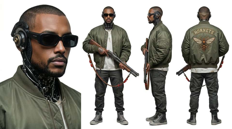 Create a photorealistic character sheet. Include a closeup portrait which is left aligned, no borders, with a neutral expression and then also include a full view shot that shows the front, side and back of the character. The character is placed on a white background. Don't include any text. No borders, no soft gradients. [The character is a male. He is wearing an oversized olive jacket, insignia on the back of the jacket shows a logo with a hornet and arched text that says HORNETS. He also wears a weathered white t-shirt and dark grey cargo pants, with grey and black converse sneakers. He stands in a confident pose holding a customized shotgun with African wood engravings and a leather shoulder strap attached to the shotgun that has red beads as a decoration.]