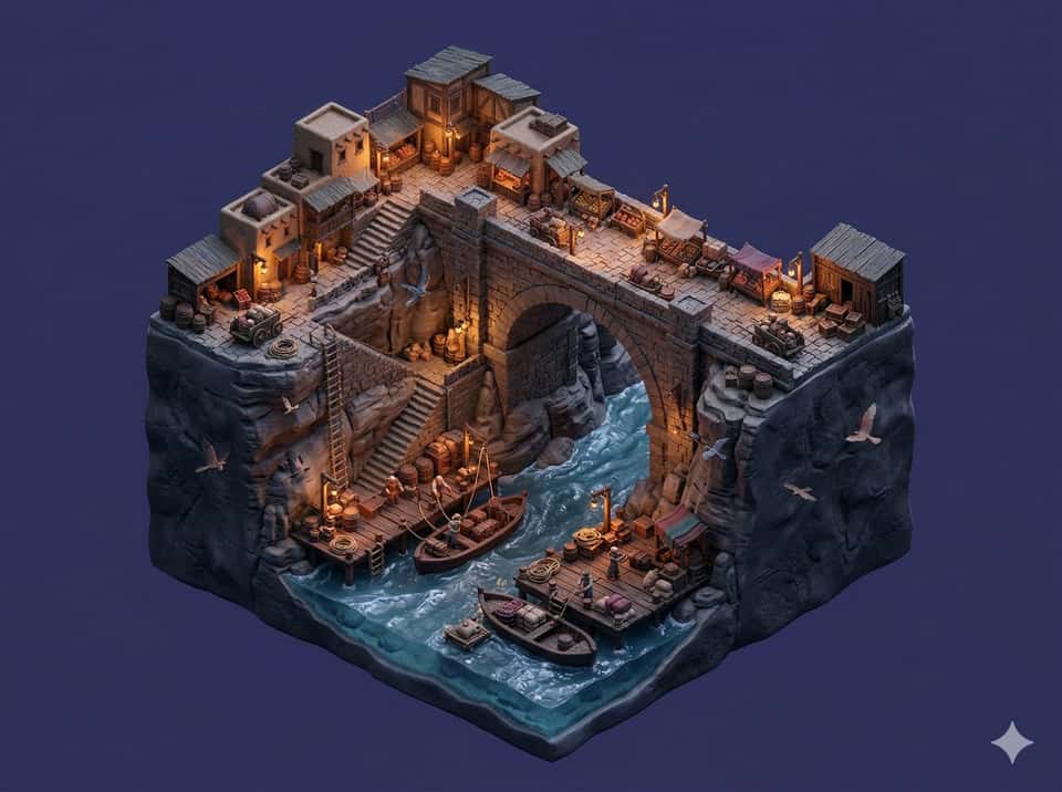 SCENE:
A trading settlement built around a large stone bridge crossing a deep river gorge with shops, storage sheds, and stairways leading to dock platforms below. Tiny traders move goods while birds glide along canyon walls.
STYLE:
Create a premium stylized miniature diorama where canyon terrain and river water form a continuous sculpted base integrated with market structures. The entire diorama floats in mid-air inside a blank single-color background environment that contrasts with the rocky terrain. Use stylized resin water, compact shops, and rope docks. Include miniature traders, carts, birds, barrels, crates, and rope details to reinforce handcrafted miniature storytelling scale. Lock the render to 4:3.
LIGHTING:
The scene occurs in late evening after sunset with very low natural light. Ambient lighting remains dim while lanterns, shop lights, and small lamps illuminate the bridge and market stalls. These lights create warm glowing pockets of illumination across the trading post while surrounding canyon surfaces remain darker, producing strong contrast and dramatic miniature depth.
CAMERA:
Use an isometric camera capturing the entire floating diorama clearly from top to bottom and side to side.