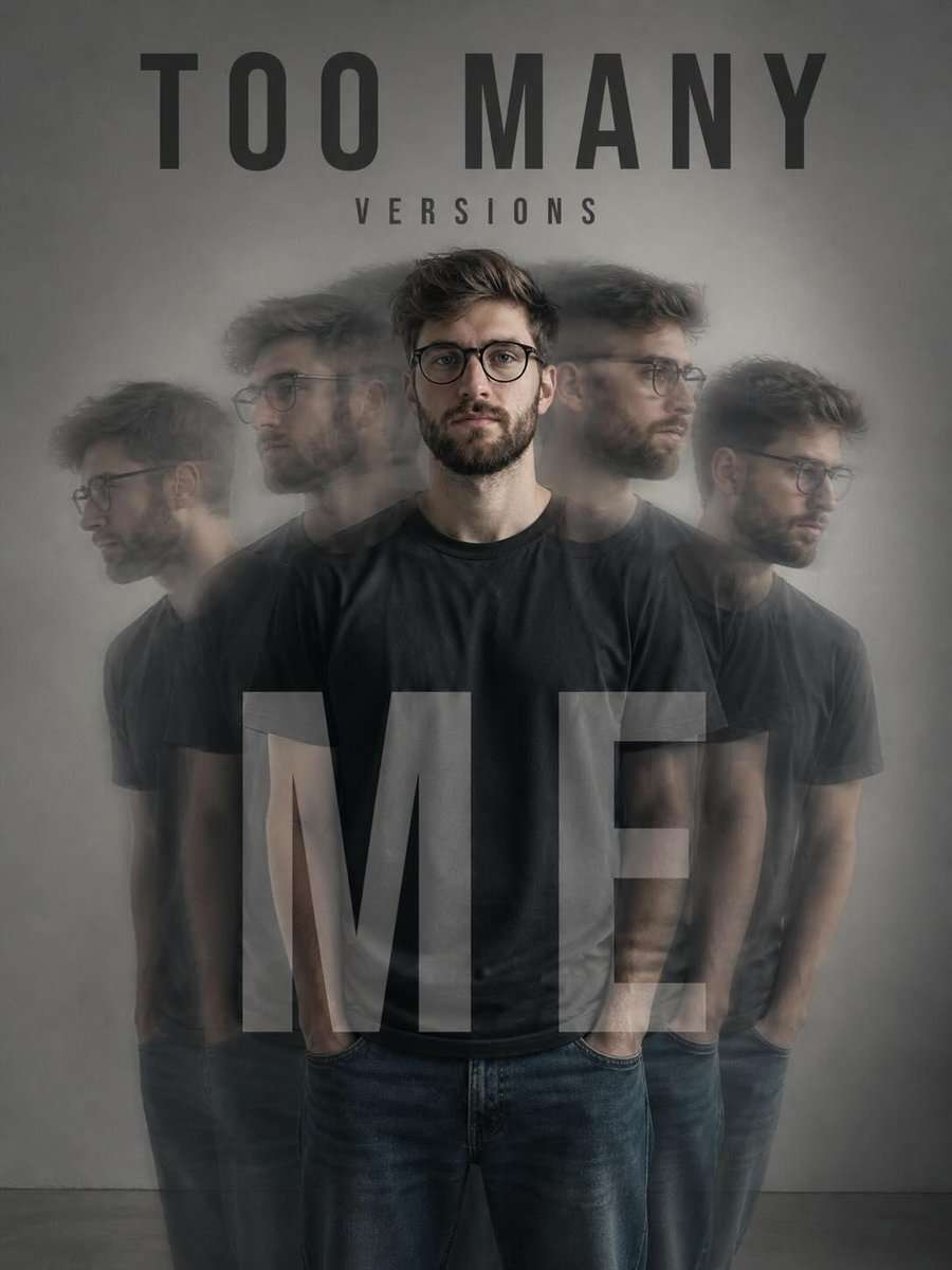 {
  "prompt_type": "poster_design",
  "style": {
    "genre": "minimalist conceptual portrait",
    "mood": "introspective, psychological, identity-focused",
    "aesthetic": "cinematic, monochrome, soft contrast"
  },
  "subject": {
    "type": "adult male",
    "pose": "standing upright, facing forward, hands in pockets",
    "expression": "neutral, serious, calm",
    "appearance": {
      "hair": "short, slightly messy brown hair",
      "facial_hair": "full short beard",
      "eyewear": "round black eyeglasses"
    }
  },
  "composition": {
    "framing": "centered portrait, mid-thigh crop",
    "symmetry": "central alignment with mirrored side duplicates",
    "effect": "multiple ghosted versions of the same person surrounding the main subject",
    "visual_theme": "multiple identities, fragmented self"
  },
  "clothing": {
    "top": "plain black crew-neck t-shirt",
    "bottom": "dark blue denim jeans"
  },
  "environment": {
    "background": "smooth grey gradient studio wall",
    "floor": "subtle dark concrete floor"
  },
  "lighting": {
    "type": "soft diffused studio lighting",
    "direction": "front-facing with balanced shadows",
    "contrast": "medium-low contrast"
  },
  "effects": {
    "motion_blur": true,
    "double_exposure": true,
    "ghosting": true,
    "opacity_layers": 4,
    "blur_intensity": "medium"
  },
  "text_elements": {
    "top_text": {
      "content": "TOO MANY",
      "style": "large bold uppercase sans-serif",
      "spacing": "wide kerning",
      "position": "top center"
    },
    "middle_text": {
      "content": "VERSIONS",
      "style": "small uppercase sans-serif",
      "spacing": "very wide kerning",
      "position": "below top text"
    },
    "bottom_overlay": {
      "content": "ME",
      "style": "extra large transparent bold uppercase",
      "position": "lower center overlay"
    }
  },
  "color_palette": {
    "primary": ["black", "grey", "charcoal"],
    "secondary": ["dark blue", "white highlights"]
  },
  "camera": {
    "angle": "eye level",
    "lens": "50mm portrait lens",
    "focus": "sharp on center subject, blurred on surrounding duplicates"
  },
  "quality": {
    "resolution": "4k",
    "detail_level": "ultra-detailed",
    "render_quality": "photorealistic"
  }
}