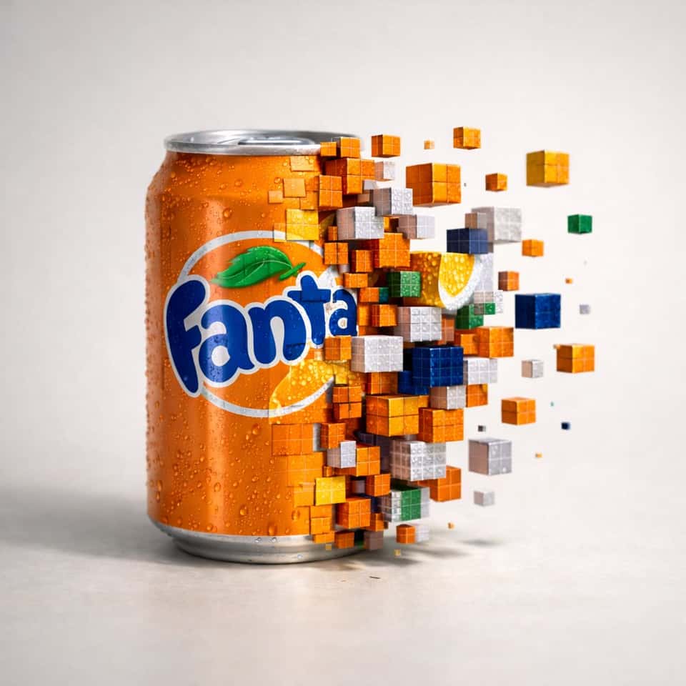 Minimalist food photograph, [1080x1080] – a single [еда] rests on a light, matte surface and is captured mid-transformation into a 3D pixelized form: one half remains intact while the other organically fragments into large, floating cubes that drift outward, each cube revealing the object’s texture, ingredients, and colors. Studio lighting with soft, realistic shadows, shallow depth of field, tasteful perspective and composition, hyperrealistic detail, stylish geometric abstraction, subtle motion blur on the cubes, high resolution, cinematic close-up.