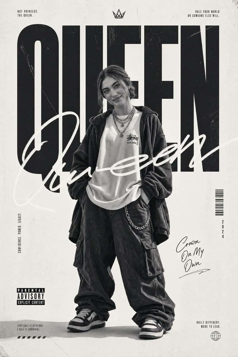 Use my uploaded image as the face reference.

Create a bold monochrome streetwear editorial poster featuring the uploaded person in oversized urban fashion, relaxed stance, hands in pockets, layered baggy clothing, sneakers, and confident rebellious attitude. Main theme keyword: "[QUEEN]". Use giant condensed typography behind the subject, handwritten signature-style script overlay, minimalist white studio background, gritty texture details, cinematic shadows, and luxury music-magazine aesthetics inspired by modern fashion campaigns. Black-and-white high-contrast photography style, full-body composition, eye-level angle, 85mm lens, ultra-sharp detail, soft studio lighting with subtle grain, premium viral poster design optimized for fashion and music culture content.