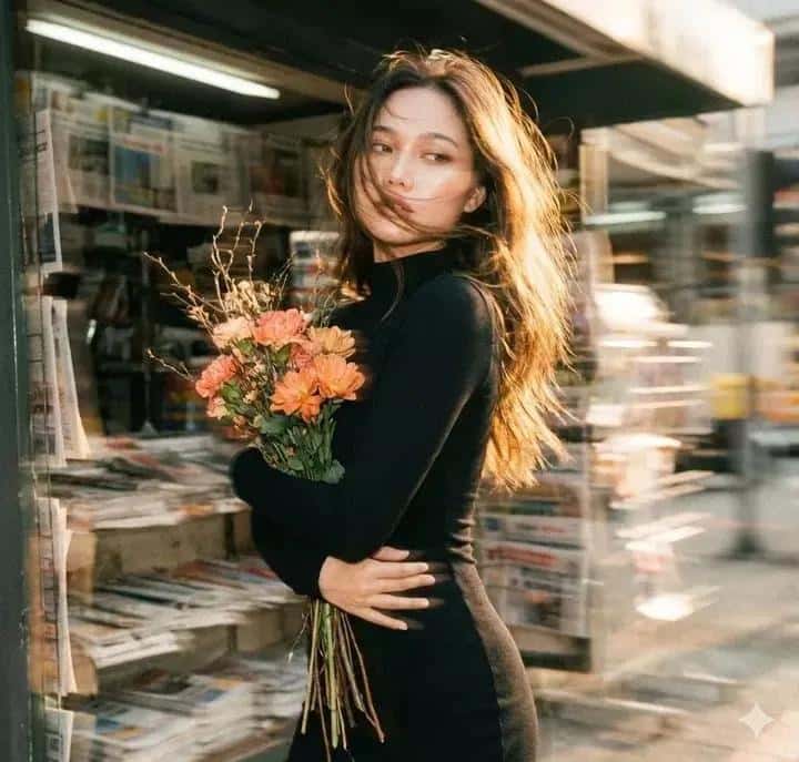 The generated image uses the uploaded image as a reference for the character, wearing a high-necked, tight-fitting black long-sleeved dress. A cluster of withered wood and orange-pink flowers lies beside an old newsstand, the grainy texture of vintage film interwoven, the blurred background with noticeable trailing shadows, and the double-image effect creating a fantastical atmosphere. A bewitchingly beautiful girl, carrying flowers, is shown in profile, her fair skin delicate and translucent. Her exquisite face is blurred with motion, the outline of her figure slightly swaying with the panning camera, the soft focus making the image even more hazy and languid. A warm-toned, low-saturation filter enhances the effect, her long, backlit hair glowing with a soft glow, the messy strands sweeping wildly across the jawline, the details concealing a captivating yet dangerous allure.Cute movements add dynamism, the motion blur blending with the film grain, creating a trendy, Instagram-worthy image while the blurred image outlines a dynamic scene full of story, cleverly balancing bewitching and sweetness.