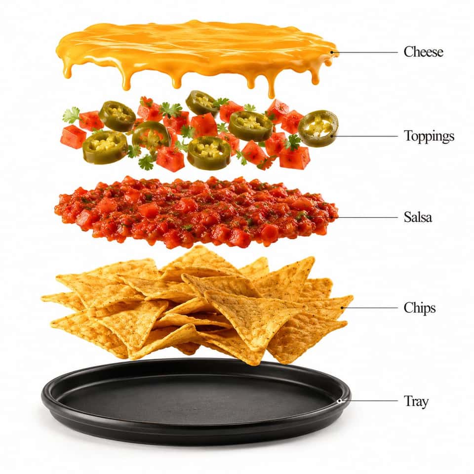 Create a hyper-realistic exploded vertical infographic composition of nachos supreme. Top → Bottom structure: Cheese Sauce Layer (smooth melted cheese texture) → Jalapeño & Tomato Layer (fresh topping detail) → Salsa Layer (rich chunky salsa texture) → Tortilla Chips Layer (crispy golden chips) → Serving Tray Base (minimal tray) Perfect vertical alignment, bold colorful background, realistic shadows beneath each layer. Add clean infographic text labels with thin pointer lines using these exact labels: “Cheese” “Toppings” “Salsa” “Chips” “Tray” Ultra-realistic food detail, premium commercial aesthetic, 8K. Aspect Ratio: 1:1