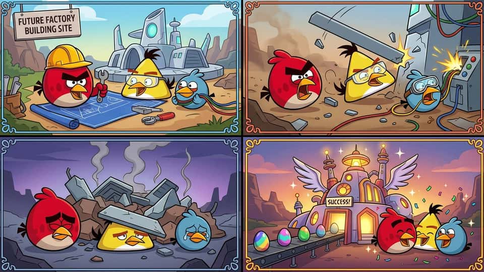 Create 2×2 grid in 16:9 aspect ratio. Create a funny 4-part story featuring 3 [cute angry birds] building a [future factory]. The story has emotional highs and lows and ends in a happy moment. Maintain consistent identity across the 3 characters.