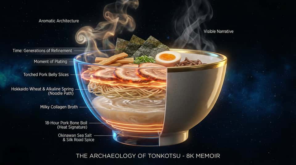 A single [DISH] suspended in space, cross-sectioned to reveal its complete archaeology of flavor. Each layer labeled with origin: the salt from [REGION], the spice traded along [ROUTE], the technique inherited from [CULTURE]. Ingredients maintain their identity while merging—you can trace the tomato's journey from vine to sauce, the grain's path from field to plate. Heat signatures glow where cooking transformed raw into ready. Time is visible: the hours of braising, the generations of refinement, the moment of plating. Flavor compounds drift upward as aromatic architecture. The dish exists simultaneously as ingredients, process, and completion. Dramatic rimlight, steam rising as visible narrative, 8K, the meal as memoir.