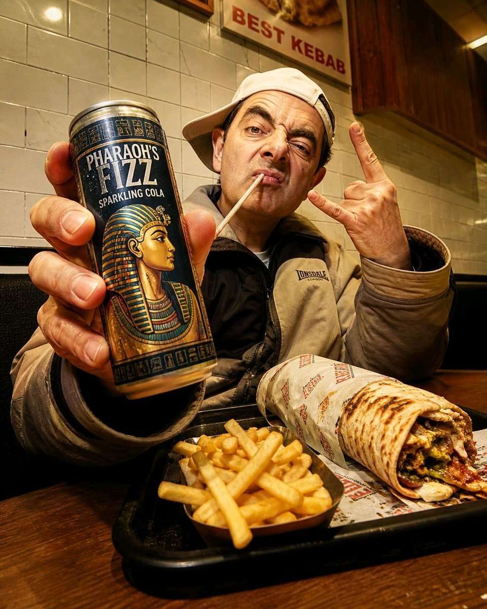 dramatic low-angle wide-lens shot of an person attached in the uploaded reference image seated in a casual diner booth, holding a slim soda can close to the camera as the clear hero, Egyptian style label fully visible, playful rebellious attitude, one hand raised in a bold "rock on" gesture, straw in mouth, oversized jacket and cap, warm direct light, tiled wall and wood panel backdrop, tray with fries and a half-eaten wrap on the table, gritty fast-food editorial energy, exaggerated perspective distortion, realistic skin texture and crisp can detail, candid street campaign feel, cheeky, raw, stylish, polished, and instantly scroll-stopping. Aspect ratio 5:4