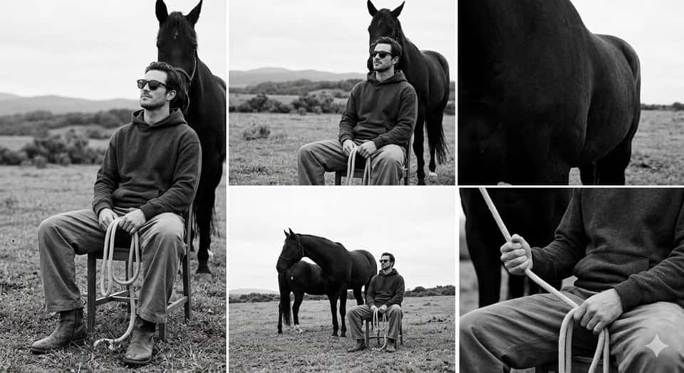 Use my reference photo as the subject (same face/likeness). Minimal black-and-white editorial portrait in an open field: I sit on a simple chair; a tall dark horse standing behind me. Calm confident pose, hoodie, loose pants, boots, black sunglasses, holding a rope, Each panel should show a different angle or composition. Centered composition, soft natural light, high-contrast monotone, realistic detail. No text, no logo, no sex, no extra people.