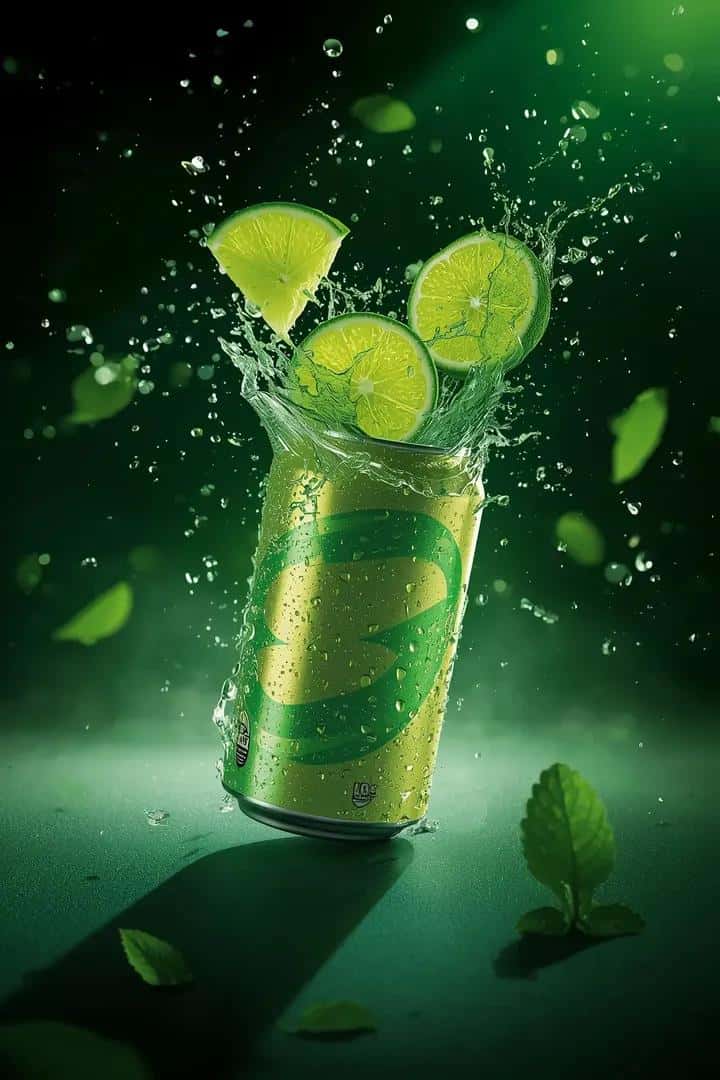 Ultra-cinematic beverage advertising shot of a sparkling lime soda can, captured from a low three-quarter angle with the camera positioned slightly below the product for a heroic, powerful perspective; the can appears partially torn open as vivid lime wedges explode outward in slow motion, frozen mid-air with high-energy splashes of neon-green liquid and micro droplets; intense backlighting makes the citrus flesh glow translucently while sharp rim light outlines