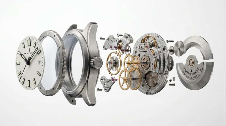 Pristine product visualization, [object] in [material], deconstructed floating parts suspended in a precision-aligned engineering sequence, pure white gradient void with subtle depth falloff, sculptural studio lighting with sharp rim highlights, mirror-polished and matte surface contrast, ultra-macro lens revealing microscopic [surface detail] and internal [component detail], shallow depth of field isolating the core components, minimalist Braun meets Leica aesthetic, heroic product scale presence, product photography.