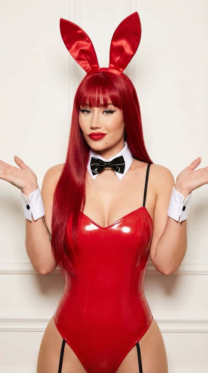 {
  "photorealistic_portrait",
  "subject": {
    "person": "blonde girl lookalike"
  },
  "hair": {
    "color": "bright red",
    "style": "long straight hair reaching mid-back and past shoulders, blunt straight bangs across forehead, slight center part, glossy and silky texture with natural volume",
    "length": "waist-length",
    "framing": "strands framing face on both sides, one long strand falling over right shoulder"
  },
  "facial_features": {
    "eyes": "heavy black winged eyeliner, defined upper and lower lash lines, subtle eyeshadow, direct gaze slightly to the right of camera",
    "lips": "full lips with matte red lipstick, slight upward curve forming a playful closed-mouth smirk",
    "expression": "playful, teasing, confident smirk with head tilted 10-15 degrees to her right, eyebrows relaxed",
    "makeup": "full glam: precise black cat-eye liner, mascara, contoured cheeks, highlighted cheekbones, no visible foundation imperfections"
  },
  "clothing": {
    "main_outfit": "red glossy bunny-style bodysuit",
    "details": {
      "neckline": "V-neckline",
      "straps": "thin black spaghetti straps over shoulders",
      "cut": "high-leg hip cutouts",
      "material": "shiny reflective red material with strong gloss highlights and subtle wrinkles from body movement",
      "lower_body": "sheer black mesh on thighs and lower legs allowing tattoos to show through"
    },
    "accessories": {
      "bunny_ears": "large red satin or faux-leather bunny ears headband, tall upright ears with slight sheen, positioned symmetrically on top of head",
      "collar": "stiff white dress-shirt style collar with pointed tips, wrapped around neck",
      "bow_tie": "large glossy black satin bow tie centered on the collar, long tails hanging down the center of the chest",
      "cuffs": "detached white French cuffs with single black button detail on each wrist, creating a classic bunny waitress/servant look"
    }
  },
  "pose_and_composition": {
    "body_orientation": "facing camera directly with slight 10-degree torso twist to her left",
    "shoulders": "slightly hunched forward in a playful shrug",
    "arms": "both arms raised to mid-chest height, elbows bent at approximately 90 degrees",
    "hands": {
      "left_hand": "palm facing forward, fingers spread naturally, silver ring on ring finger",
      "right_hand": "palm facing forward, fingers spread naturally, positioned symmetrically to left hand"
    },
    "gesture": "classic 'shrug' or 'I don't know' pose with open palms",
    "framing": "medium close-up portrait from mid-thigh upward, centered on upper body and face",
    "camera_angle": "eye-level, straight-on"
  },
  "background": {
    "environment": "indoor studio setting",
    "wall": "plain off-white wall with subtle vertical paneling/molding (classic interior door or wainscoting style)",
    "depth": "subject stands close to wall, creating soft drop shadow",
    "color": "neutral white/cream"
  },
  "lighting_and_atmosphere": {
    "lighting": "soft, bright frontal studio lighting with even illumination, gentle highlights on glossy material and hair, minimal harsh shadows, subtle rim light on hair edges",
    "mood": "playful, confident",
    "color_temperature": "neutral daylight balanced, clean and crisp",
    "quality": "high-quality, cinematic, Ultra-realistic photo and lighting, high quality photo, depth of field, no Ai or cgi look, 8k resolution"
  }
}