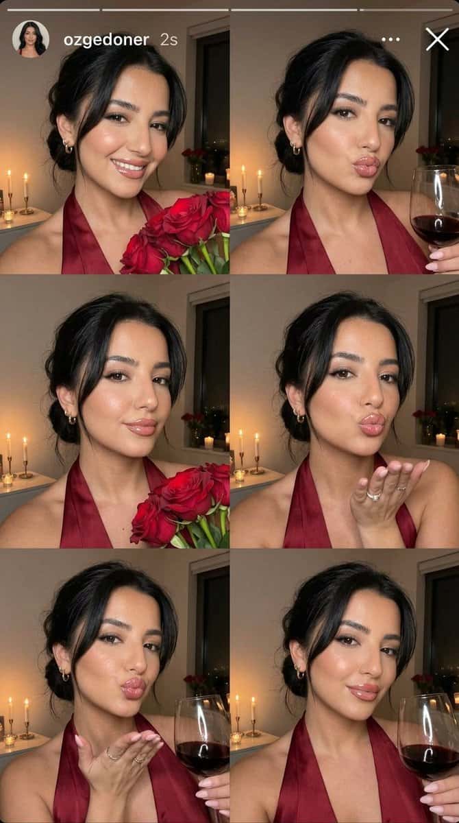 Ultra-photorealistic vertical Instagram Story-style 3x2 selfie collage featuring six candid frames of the same beautiful young woman, with strict face and identity consistency across every panel. The mood is flirty, confident, feminine, slightly seductive, and effortlessly glamorous, like a cozy night-in or date-night Instagram Story.

She has soft Mediterranean beauty, warm glowing skin, realistic pore texture, natural facial asymmetry, fluffy dark brows, almond-shaped brown eyes, long lashes, and full glossy nude-pink lips with a soft wet shine. Her makeup is elegant and flattering: luminous skin, soft blush, subtle bronzer, lightly defined eyes, and glossy lips.

She is wearing a flirty fitted red dress with thin straps and a feminine, slightly romantic texture. Her hair is long, dark brown, softly tousled, and voluminous, styled in a relaxed glamorous way. Add delicate layered gold necklaces, small gold earrings, a gold bracelet, rings, and dark red or burgundy manicured nails.

Create a playful 3x2 selfie collage with six different poses and expressions of the same woman:

Top left: close selfie with a soft pout
Top right: soft smiling selfie
Middle left: playful wink selfie
Middle right: side-angle selfie holding a glass of red wine
Bottom left: close-up beauty selfie with the wine glass slightly visible in the foreground
Bottom right: blowing-a-kiss pose with one hand near her lips, holding or posing beside a glass of red wine

All six panels should take place in the same cozy indoor apartment at night, with a warm intimate atmosphere. The background should feel elegant and lived-in, with soft warm ambient lighting, a sofa or bed, neutral decor, subtle candles or decor objects, and dark windows suggesting nighttime. Keep the environment clean, realistic, and stylish.

Add a subtle Instagram Story interface overlay across the top, including a profile circle, the username “ozgedoner”, the time “2s”, a progress bar, three dots, and a close icon. The interface should look minimal, clean, and realistic.

The camera style should feel like real iPhone front-camera selfies: casual, flattering, slightly candid, sharp but natural, not studio-lit. Use warm indoor lighting, soft shadows, realistic skin texture, glossy lip reflections, visible fabric texture, natural hand anatomy, and a soft luxury apartment vibe. The final result should feel like a real flirty Instagram Story collage from the same night.

Negative Prompt

low quality, blurry face, pixelated, cartoon, illustration, 3D render, plastic skin, AI doll face, over-smoothed skin, inconsistent face, different woman in each panel, distorted lips, overfilled lips, bad hands, extra fingers, fused fingers, broken nails, warped wine glass, messy collage layout, bad anatomy, wrong username, messy text, watermark, harsh flash, overexposed skin, fake fabric texture, stiff pose, unnatural expressions