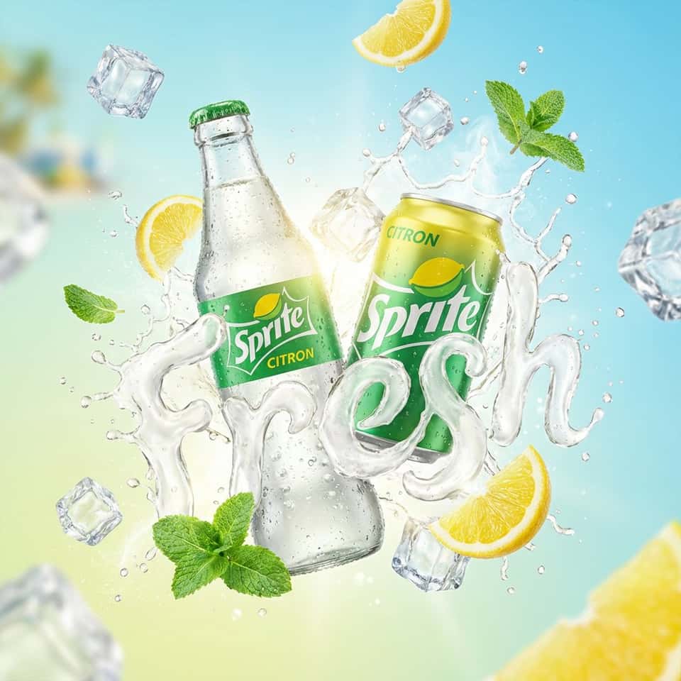 A vibrant, high-end advertising visual of a [PRODUCT NAME] can/bottle floating dynamically in the center. The background is a soft gradient inspired by the drink’s color, blending into fresh sky-blue tones for a refreshing summer feel.  A powerful splash of [LIQUID TYPE] explodes around the product, forming the word ”[WORD]” in smooth, fluid, organic liquid typography.  Crystal-clear ice cubes burst around the composition, with fresh [FRUITS RELATED TO THE DRINK] (whole and sliced) flying in the air. Juicy splashes, droplets, light mist, and condensation create an intense refreshing atmosphere.  Bright sunlight, glossy highlights, commercial lighting, premium brand look, dynamic motion, hyper-detailed, semi-realistic illustration style, ultra-clean, 4k, sharp focus.
