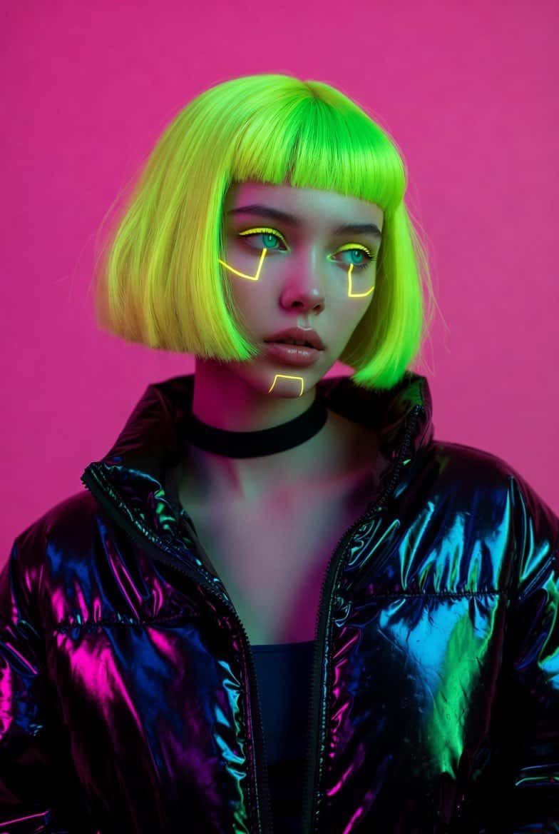 {
  "id": "NEON_CYBERPUNK_PORTRAIT",
  "scene_description": "A vibrant, high-contrast studio portrait of a cyberpunk character with neon green hair and glowing facial markings, set against a solid hot pink background.",
  "subject": {
    "type": "Young Woman (Cyberpunk Model)",
    "age": "20s",
    "features": {
      "hair": "sleek, chin-length bob cut in electric neon green with blunt bangs",
      "skin": "white complexion featuring glowing geometric yellow cybernetic markings on the cheeks",
      "expression": "cool, detached gaze with glowing teal eyes looking slightly to the side"
    },
    "attire": "Oversized, high-gloss black vinyl puffer jacket worn open at the collar, revealing a black choker and a dark top underneath.",
    "pose_constraints": "Bust-up portrait, shoulders slightly angled, head turned three-quarters."
  },
  "camera": {
    "aspect_ratio": "2:3",
    "angle": "Eye-Level",
    "framing": "Medium Close-Up (Chest to Head)",
    "lens_characteristics": "85mm portrait lens, sharp focus, high contrast."
  },
  "action": {
    "primary": "Posing for a futuristic editorial",
    "effect": "The contrast between the neon hair and the dark glossy jacket creates a bold visual impact."
  },
  "environment": {
    "setting": "Pop Art Studio",
    "foreground_elements": [
      "Vinyl texture of the jacket"
    ],
    "background_elements": [
      "Solid vivid hot pink seamless backdrop"
    ]
  },
  "lighting": {
    "style": "Studio Pop / Graphic",
    "key_light": {
      "type": "Softbox",
      "color": "Neutral White"
    },
    "background_light": {
      "color": "Pink saturation"
    }
  },
  "style": {
    "medium": "Photorealistic Digital Photography",
    "aesthetic": "Cyberpunk / Pop Art / Streetwear",
    "quality": "8k, bold colors, graphic composition, sharp details, glossy textures."
  }
}
