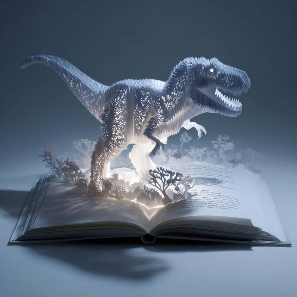 Origami pop-up book, t-rex bursting through white pages, shadow cast onto next spread, cinematic spotlight, children’s pop-up advertisement.