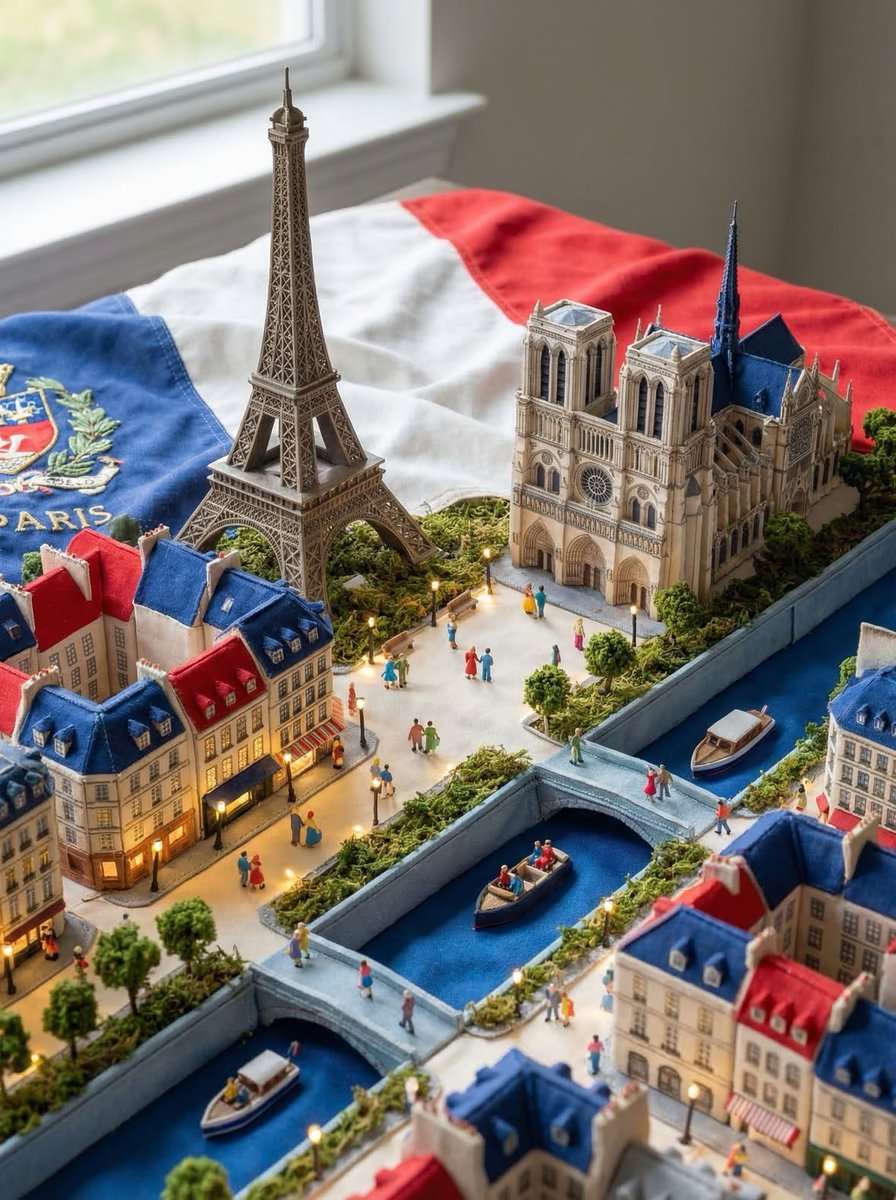 Photorealistic hero product photography shot on Sony A7III with 85mm f/1.4 lens at f/2.8, soft natural daylight from upper left creating gentle realistic shadows and visible surface textures: A cutaway [PARIS] flag ingeniously transformed into a luxurious miniature landmark city. The fabric forms iconic buildings, rivers, and glowing streets. Miniature visitors in tiny colorful clothes explore monuments, ride boats, and take photos. Intricate details, physically plausible yet surreal. Shot for a luxury architecture magazine cover, ultra-detailed 8K, perfectly centered square composition, aspect ratio 1:1, no text, no artifacts.