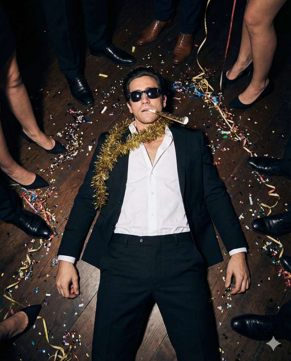 The person attached in the image ( Keep the face of the person 100% accurate from the reference image ) is lying flat on their back on a dark wooden floor in the middle of a chaotic party aftermath. Their body is stretched out and relaxed, slightly diagonal within the frame. One of their arms is bent at the elbow, resting loosely near their torso, while the other arm lies relaxed by their side. Their posture feels careless and exhausted, as if they have completely given in to the moment after a long night of celebration. Their head is turned slightly to the side, resting directly on the floor.
The person attached in the image is wearing dark sunglasses, completely obscuring their eyes, giving them an indifferent, detached expression. Between their lips, they are holding a party horn angled upward, frozen mid-blow, reinforcing a playful yet worn-out party mood. Their facial expression appears calm, detached, and slightly dazed rather than joyful or posed.
The person attached in the image is dressed in a classic black suit with a clean. The suit jacket is slightly open, revealing a white dress shirt underneath with the top buttons undone, adding to the relaxed, end-of-the-night feeling. Wrapped loosely around their neck and shoulders is a metallic gold tinsel garland, creating a festive contrast against the dark suit fabric. The textures of the suit are matte and smooth, while the tinsel reflects light in sharp highlights.
The floor around the person attached in the image is covered in colorful party confetti, metallic streamers, and scattered decorative pieces in gold, silver, and bright colors. Surrounding the person attached in the image, only the lower bodies of other party guests are visible: legs in formal trousers, dress shoes, and sheer stockings with high heels. These figures stand around them casually, partially cropped by the frame, emphasizing their position on the ground and the chaotic party environment.
The lighting is low and dramatic, with focused highlights illuminating the face, suit, tinsel, and the confetti immediately around the person attached in the image. Shadows fall naturally across the floor, adding depth and contrast. The scene feels candid, cinematic, and slightly decadent, capturing the raw aftermath of a celebration rather than a polished party moment.
The camera is positioned above the person attached in the image, shooting from a high angle directly downward, creating a strong top-down perspective. The image is captured with a moderately wide lens (approximately 28mm–35mm), allowing the surrounding environment, confetti, and people’s legs to remain visible while keeping the person attached in the image as the central subject. The depth of field is moderate, with clear detail across the scene and slight softening toward the edges.
The final image has a cinematic, editorial photography style with realistic lighting, rich contrast, visible textures, and a gritty, end-of-the-night party atmosphere. The face of the person attached in the image must remain exactly the same as the reference, fully preserved with accurate facial structure, proportions, and expression.
Aspect ratio 4:5