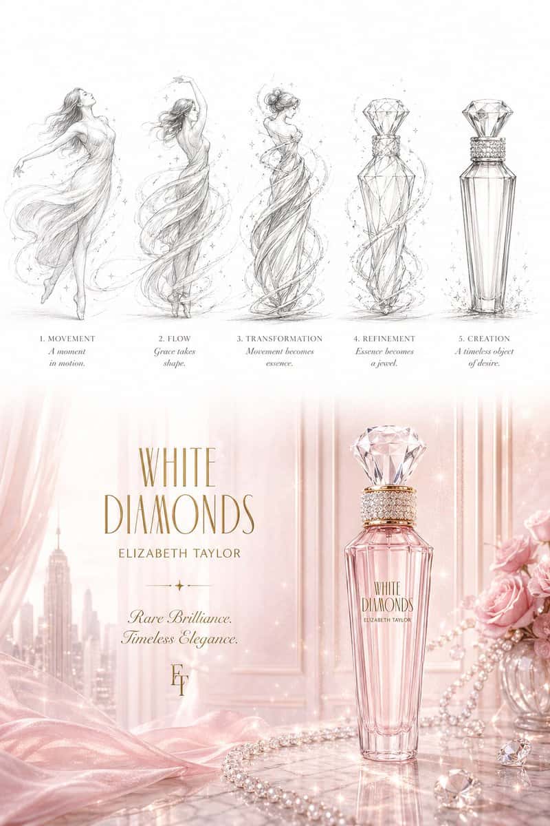 A vertical 2:3 premium design poster with two sections, inspired by White Diamonds perfume advertisement aesthetics, luxury branding, soft pink tones, and a magical storytelling atmosphere. TOP HALF (PROCESS / TRANSFORMATION SEQUENCE) A seamless horizontal sequence of 5 pencil sketch panels on a clean white background, showing the evolution from movement to object. No borders between panels; smooth continuous flow.