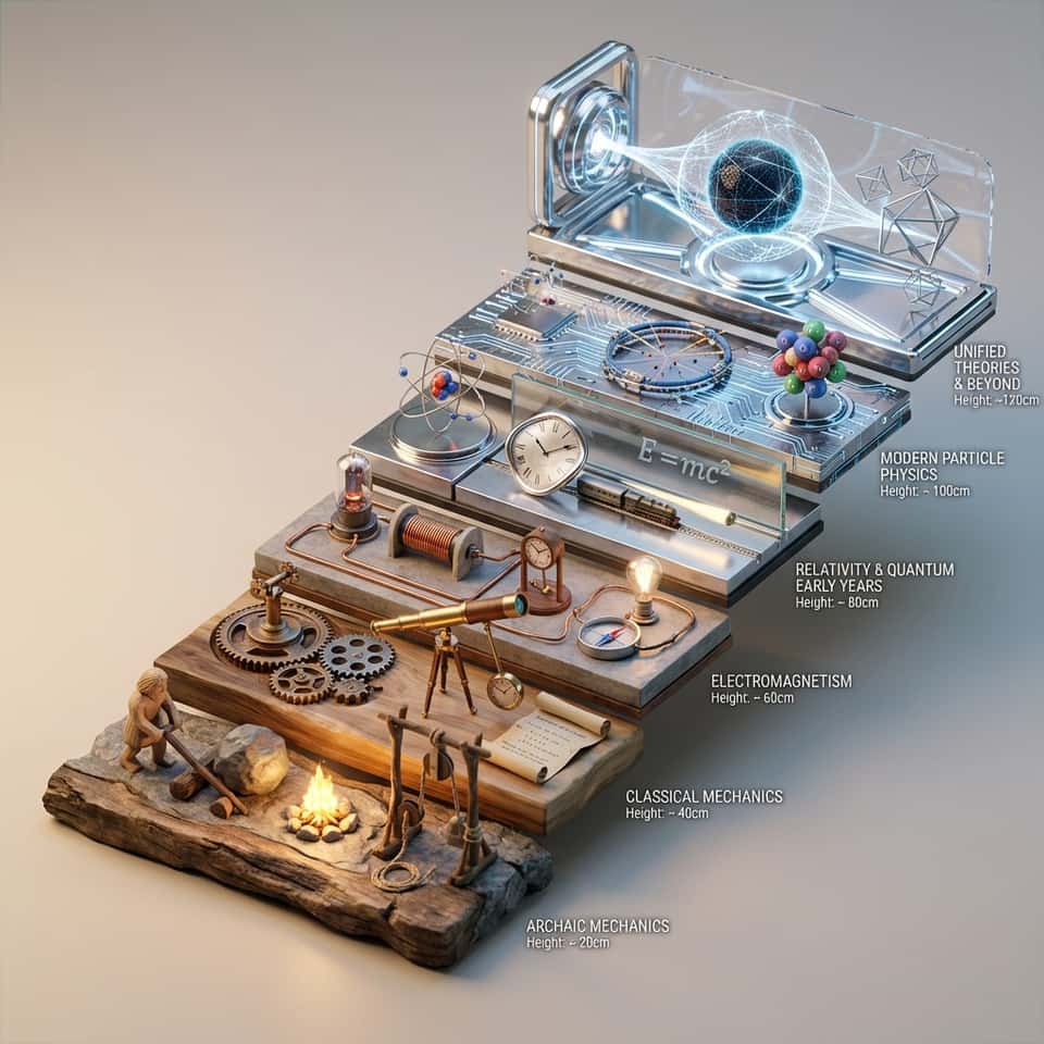 Topic: 3D diorama Evolution of physics , 6 layers => Render_Target = ∑(Step_1_to_[N_LAYERS]) of [TOPIC] Variable_Height(x) = Base_Height + (x * 20cm) Variable_Material(x) = Lerp(Organic_Wood_Stone, Cybernetic_Chrome, x / [N_LAYERS]) Composition: - Array of [N_LAYERS] dioramas. - Arranged Depth_Sort (Front to Back). - Each diorama represents a time-slice of [TOPIC]. - Camera: Isometric 3/4 View, Macro Lens.