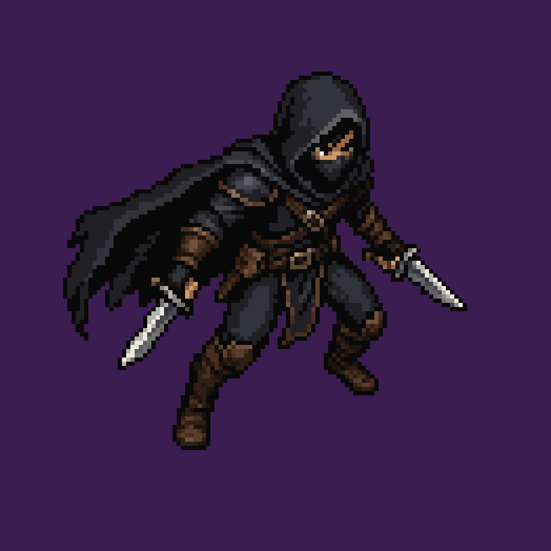 pixel art; a rogue game character facing south east. isometric view. solid background. cape and two daggars, one in each hand.