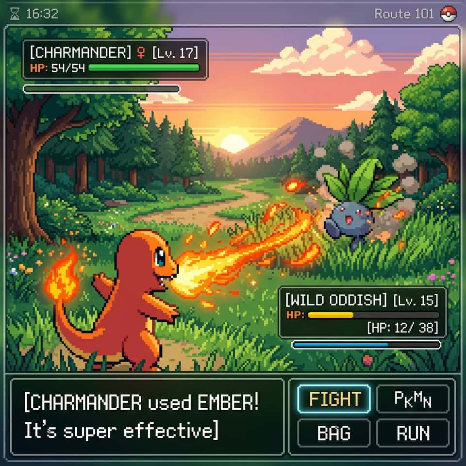 inspired by a classic pokemon gameboy screenshot but it's highly detailed beautiful pixel art, include cool effects from moves used, modern minimal ui. change it to a new location and the battle is two new random kanto pokemon