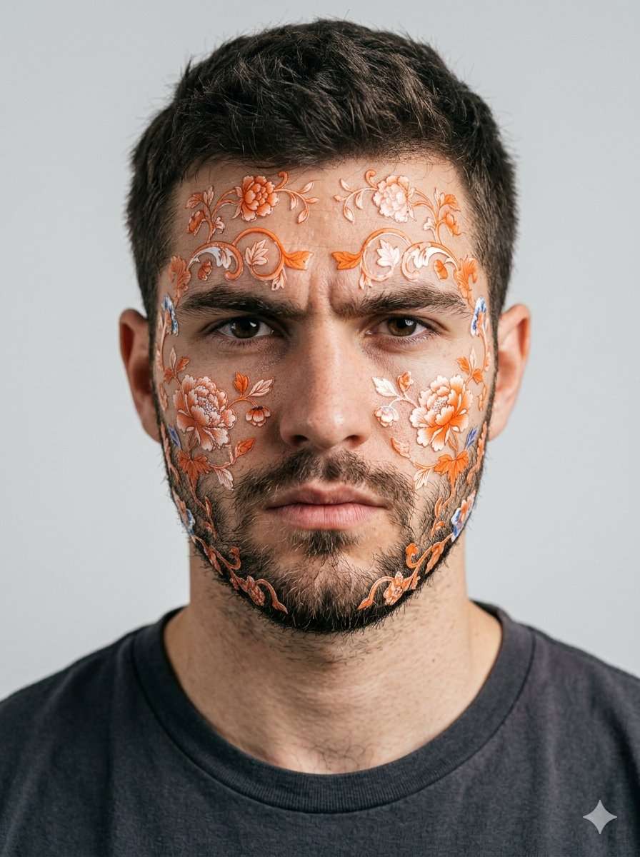 Hyper-detailed medium closeup of a young man's intense expression with orange porcelain decals on skin: coral peony motifs and foliage decal patterns wrapping around brow, cheeks, and short beard like temporary ceramic transfers, subtle sheen on pores and stubble, direct eye contact, isolated light gray void. Keep the aspect ratio 3:4. Tight medium closeup of an elderly man's face in lifelike orange porcelain figurine style, detailed chrysanthemum floral patterns in coral and peach tones wrapping around wrinkles, beard, and hair strands, warm orange gradients on white ceramic base, thoughtful expression, soft studio lighting, muted gray backdrop