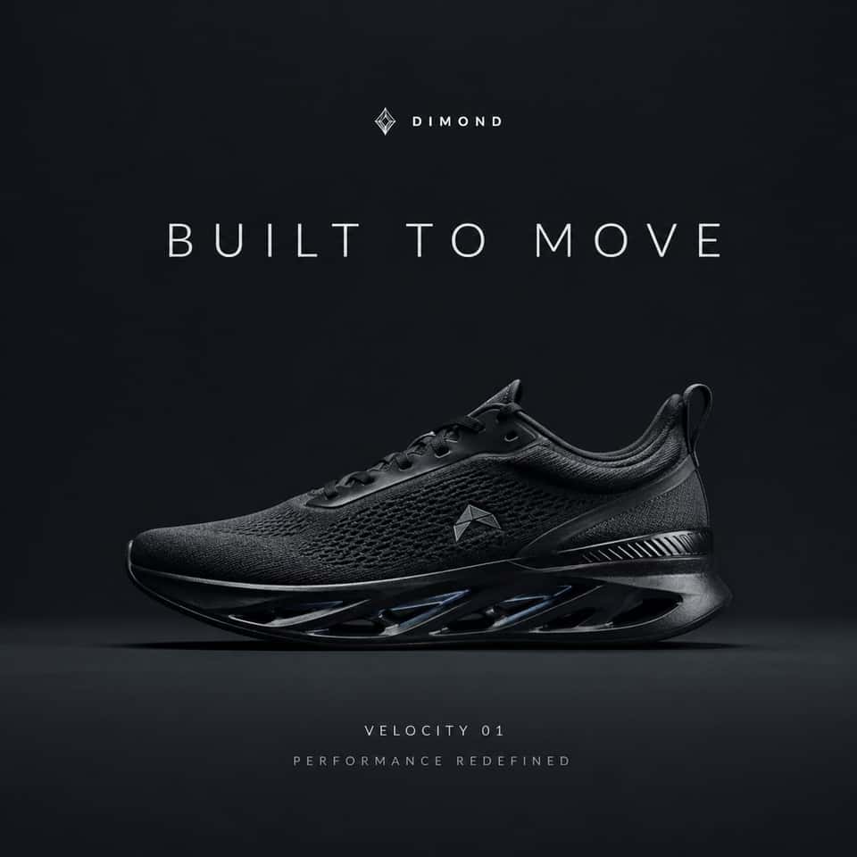 Create a premium, highly realistic 1:1 campaign poster for DIMOND, a modern performance sneaker brand. Show one hero sneaker as the main focus in a dark studio with a glossy reflective floor, dramatic cinematic lighting, subtle motion energy, and a sleek athletic feel. Add bold, minimal typography with the brand name DIMOND and a short campaign headline. Make it feel like a real high-end sportswear ad, clean composition, sharp detail, realistic materials, modern and polished, cool dark tones with subtle metallic accents, no clutter, no collage.