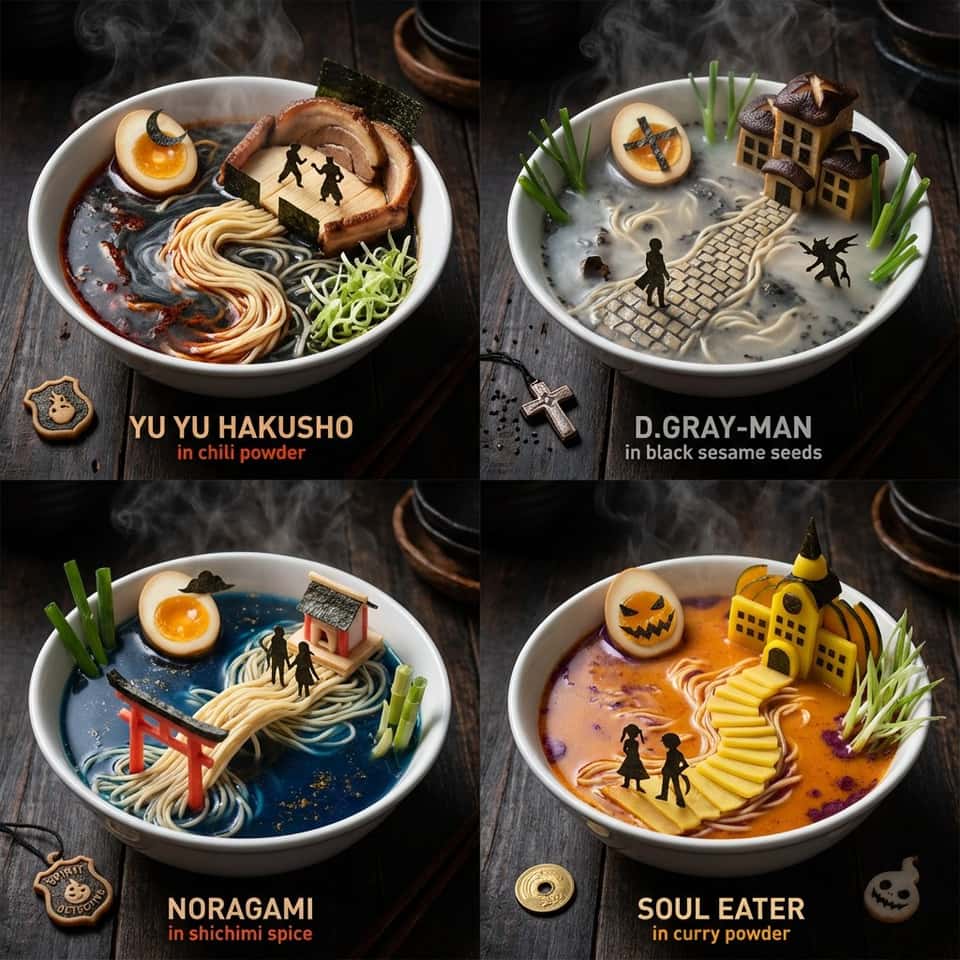 This Nano Banana Pro prompt is a movie recommendation engine. Just uses ramen bowls to show you movies you may want to watch. 

Prompt: do this for bleach:

<instructions>Act as an elite TV/limited-series recommendation engine. 

Step 1: User provides a series title or image. Analyze: tone, pacing, world rules, character dynamics, cinematography style, era, emotional aftertaste. 

Step 2: Select 4 under-the-radar series/limited series with the closest vibe match (not the usual top-10 recs). 

Step 3: Output a single 2x2 grid of four ramen bowls, each bowl is a 3D miniature cinematic diorama of a famous 3D scene from each of those movies recreated with edible props.  Each panel: - Broth surface acts like “atmosphere” (fog, night, sunset) using scene appropriate oils/spice gradients. - Noodles create leading lines; toppings form characters/props (tiny nori silhouettes, egg moons, scallion grass). - 2 to 5 recognizable set-piece object per bowl (bridge, doorway, spaceship shape, etc.) made from movie appropriate ingredients - movie title spelled with appropriate spices underneath each bowl --movie appropriate props on the table Lighting: cinematic overhead with strong rim highlights, steam, macro realism, dark moody table. Negatives: no logos, no illegible text, no hands. </instructions>