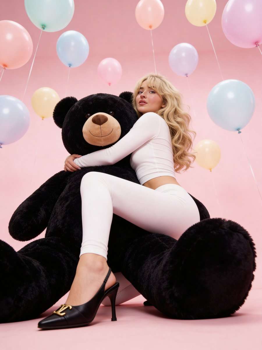{
  "image_generation_prompt": {
    "subject": {
      "description": "Young woman with a strong resemblance to Sabrina Carpenter.",
      "hair": "Voluminous, 90s-style bombshell blowout with soft, face-framing layers and curtain bangs; bouncing curls with a silky, high-shine texture.",
      "face": "Soft, dreamy expression with glossy pink lips and dewy, flushed cheeks; smooth skin texture with a radiant glow.",
      "body": "Slender and petite physique; smooth, sun-kissed skin texture on the legs and midriff."
    },
    "attire": {
      "clothing": "Form-fitting white long-sleeve crop top in a soft jersey fabric; matching white low-rise leggings; styled with a single black satin pointed-toe mule heel featuring a gold designer logo on the stiletto.",
      "style": "Y2K Glamour / Soft Coquette."
    },
    "styling_and_accessories": {
      "jewelry": [
        "A massive, plush black oversized teddy bear with tan snout and paw pads used as a central prop."
      ]
    },
    "environment": {
      "setting": "A minimalist studio space with a seamless background.",
      "background": "Soft, pastel pink textured backdrop that creates a warm, monochromatic glow.",
      "water": "None"
    },
    "pose": {
      "posture": "Playfully straddling a giant black teddy bear on the floor.",
      "arms": "Arms wrapped around the neck of the teddy bear in a gentle embrace.",
      "angle": "Eye-level, slightly low-angle to emphasize the playful scale of the prop."
    },
    "lighting_and_mood": {
      "lighting": "High-key studio lighting with soft diffusion, creating a bright, commercial fashion aesthetic with minimal harsh shadows.",
      "mood": "Playful, feminine, and nostalgic.",
      "colors": "A primary palette of soft pink, crisp white, and deep obsidian black."
    },
    "camera_and_technical": {
      "style": "Ultra Photorealistic, RAW photo.",
      "lens": "50mm",
      "aperture": "f/4.0 for sharp detail across the subject and the plush texture of the bear.",
      "quality_tags": [
        "8k resolution",
        "highly detailed",
        "volumetric lighting",
        "ray tracing reflections",
        "hyper-realistic texture",
        "Hasselblad photography"
      ]
    }
  }
}