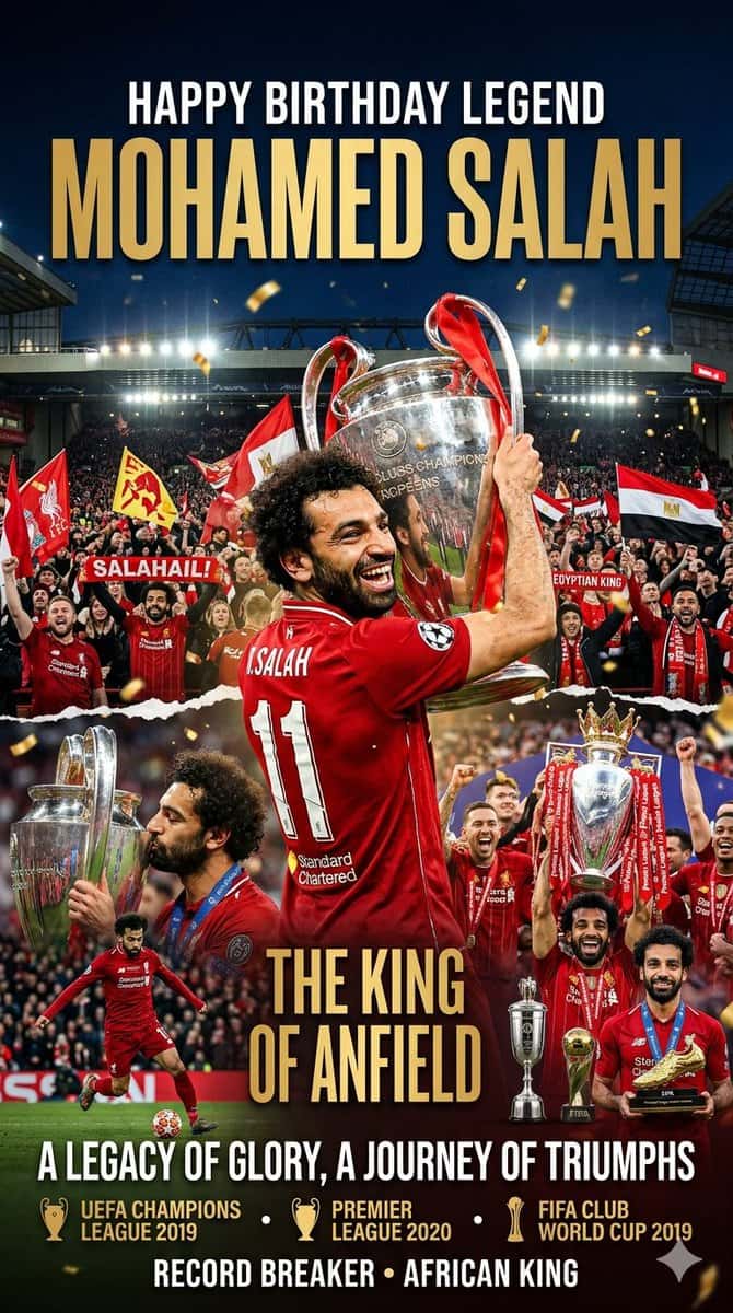 A vertical sports tribute poster celebrating football legend Mohammad Salah on his birthday. The design features a dynamic collage of his greatest victories in his red Liverpool jersey with his iconic number 11. At the center, a large, joyful image of Salah lifts the massive UEFA Champions League trophy high above his head amid falling gold confetti. Below this, smaller montage scenes show him kissing the Champions League trophy, sprinting across the pitch during a match, and celebrating alongside teammates with the Premier League trophy, while also holding the Golden Boot and individual awards. The background captures a roaring, packed stadium filled with fans waving Liverpool and Egyptian flags. Bold, elegant gold and white typography is integrated throughout the poster, reading "HAPPY BIRTHDAY LEGEND MOHAMMAD SALAH" at the top, "THE KING OF ANFIELD" in the center, and "A LEGACY OF GLORY, A JOURNEY OF TRIUMPHS" near the bottom. The very bottom of the poster neatly displays trophy icons alongside text detailing his major achievements, including the UEFA Champions League 2019, Premier League 2020, FIFA Club World Cup 2019, followed by the titles "RECORD BREAKER" and "AFRICAN KING."