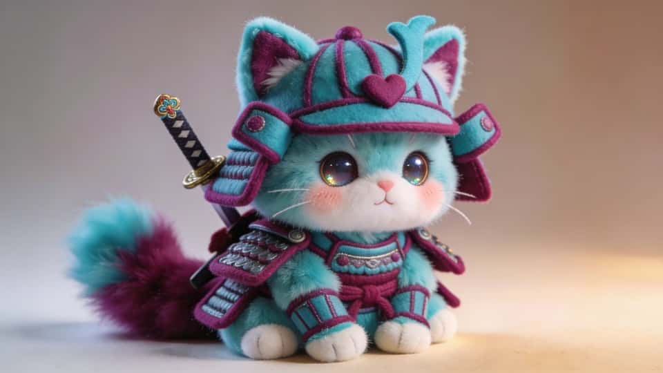[color1 and color2] super cute samurai cat plushie, extremely adorable and huggable chibi-style cat with fluffy soft fur in those exact colors, big sparkling expressive eyes, tiny blushing cheeks, wearing detailed miniature samurai armor and helmet perfectly matching the two colors, small decorative katana on its back, sitting in a heroic yet adorable pose, soft warm studio lighting with gentle highlights on the plush texture, ultra detailed fur and fabric, heart-melting kawaii aesthetic, photorealistic plush toy style, masterpiece, sharp focus