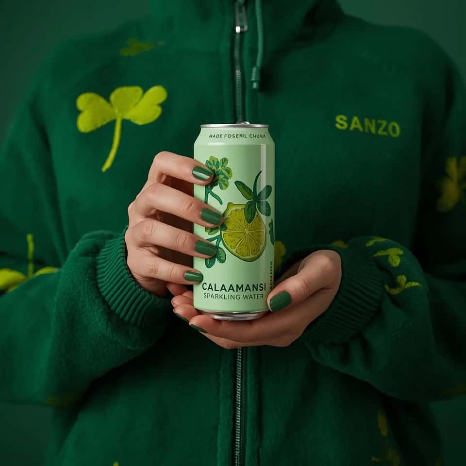 A photorealistic product shot of a person holding a slim, light green can of Sanzo Calamansi Sparkling Water. The person is wearing a dark green, fuzzy fleece zip-up hoodie patterned with light green four-leaf clovers. Both hands are holding the can centrally in front of their torso, displaying perfectly manicured nails painted in a glossy green polish. The can features an illustration of a sliced calamansi lime with green leaves. The background is a solid, moody dark green, creating a striking monochromatic green aesthetic. Soft, professional studio lighting, highly detailed.