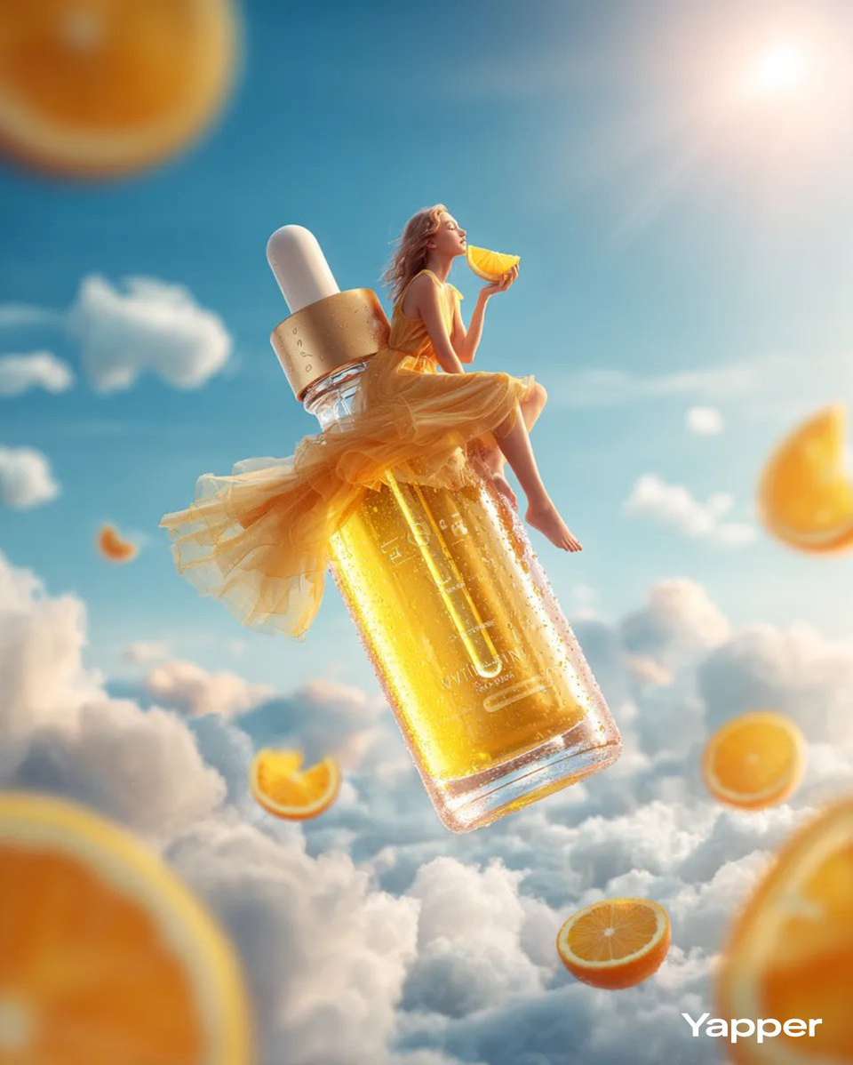 A surreal luxury skincare advertising photo of a giant vitamin C serum bottle floating above fluffy white clouds, bottle design matching the omni reference dropper bottle with transparent golden citrus serum inside, condensation droplets glistening on the glass surface, the bottle slightly inclined in the air, a stylish young woman sitting elegantly on the dropper cap holding a slice of glowing orange, wearing a flowing sunlit chiffon dress, fresh oranges and citrus slices floating around like planets, dreamy whimsical skincare campaign aesthetic, bright blue sky with radiant sunlight, glossy reflections on the bottle, ultra realistic commercial product photography, soft cinematic sunlight illuminating the citrus tones, shot with a Canon EOS R5, 50mm f/1.8 lens, pastel orange and sky blue color palette --ar 4:5