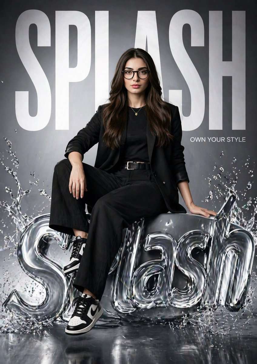 Create a hyper-realistic fashion poster for “SPLASH” featuring the same girl from the reference image (keep her face 100% identical). She is sitting confidently on a glossy, liquid-style 3D SPLASH logo with water splash effects. One leg relaxed, one bent, strong editorial pose. Background has massive bold “SPLASH” text filling the frame, partially behind her. Add small tagline: “Own Your Style.” Outfit: modern black street-fashion (blazer, fitted top, trousers, sneakers). Lighting: cinematic studio, soft key light + rim light, reflective highlights on liquid logo. Style: luxury brand campaign (Zara / H&M), clean glossy environment. Camera: 85mm lens, shallow depth of field, 8K, ultra-detailed, photorealistic.