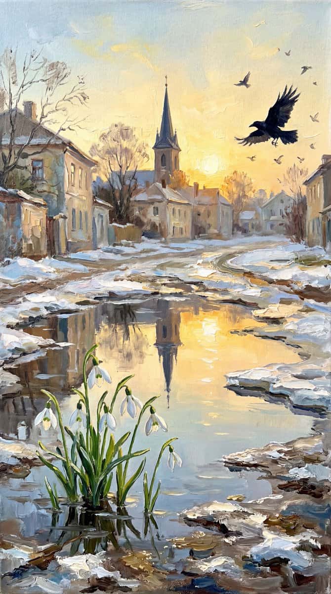 Spring theme I created today Right: a symbolic scene - a lightning bolt shaped like a clasp Left: A cozy winter town at sunset