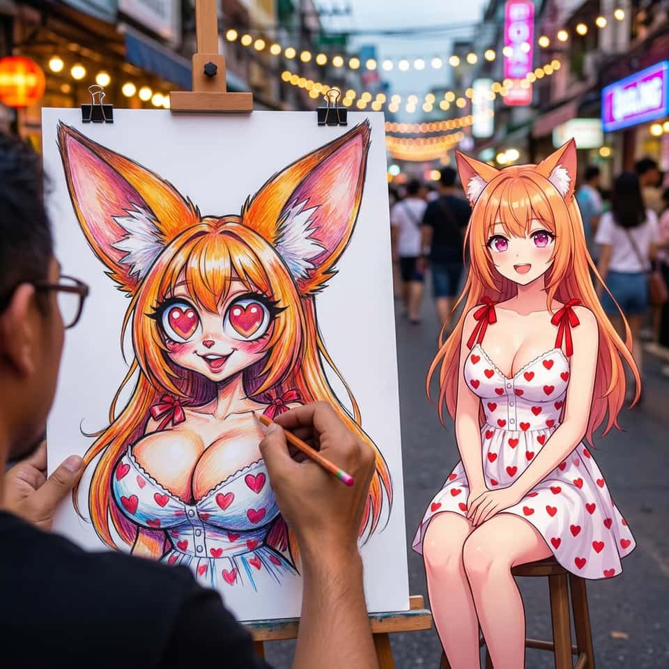super dynamic over-the-shoulder perspective from behind the caricature street-artist actively working in a vibrant street setting with warm atmospheric lighting and neon signs in background, large white canvas paper with fully colored caricature artwork visible in mid-ground, the actual full-body REFERENCED CHARACTER person without its background preserved in its original authentic art style and expression and clothes sitting beside the colored caricature drawing on a stool creating side-by-side comparison, colored pencil caricature grotesquely hyper-emphasizing and brutally amplifying the REFERENCED CHARACTER's most distinctive unique features with savage exaggeration including massively oversized and ridiculously absurd and brutally insulting wildly surreal proportions in an outrageously comedic and deformed cartoonish and surrealistic style creating a savage artistic interpretation while maintaining recognizable identity and facial expression, intensely vibrant colors with extreme shading and aggressive highlighting techniques, artist's shoulder and partial drawing hand visible in foreground creating depth, background showing blurred bokeh of street atmosphere with decorative lighting creating festive energy, photographic quality for setting and artist, high resolution, high detail, realistic lighting on the colored drawing paper while REFERENCED CHARACTER retains original art style, visible artistic texture with colored pencil strokes and marker techniques on caricature, professional caricature art style with brutal exaggeration, documentary photography aesthetic for real-world elements.